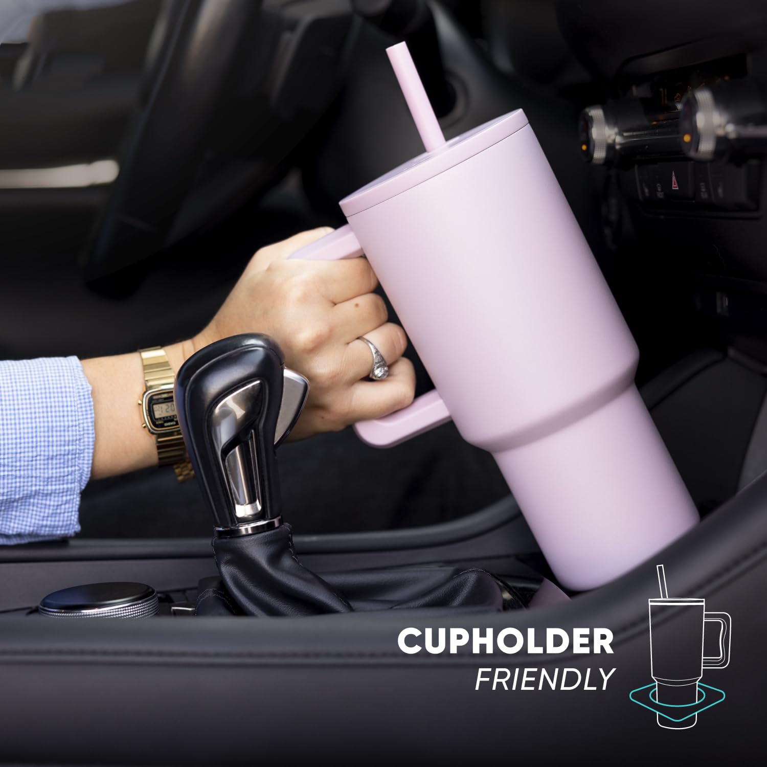 Simple Modern Trek tumbler ergonomic handle in use for easy lifting.