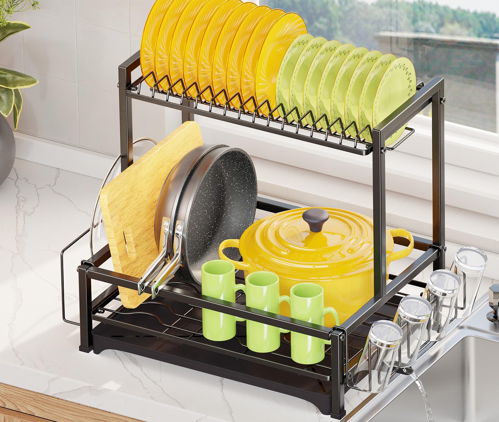 Simple Trending 2-tier rack with drainboard showing efficient water drainage