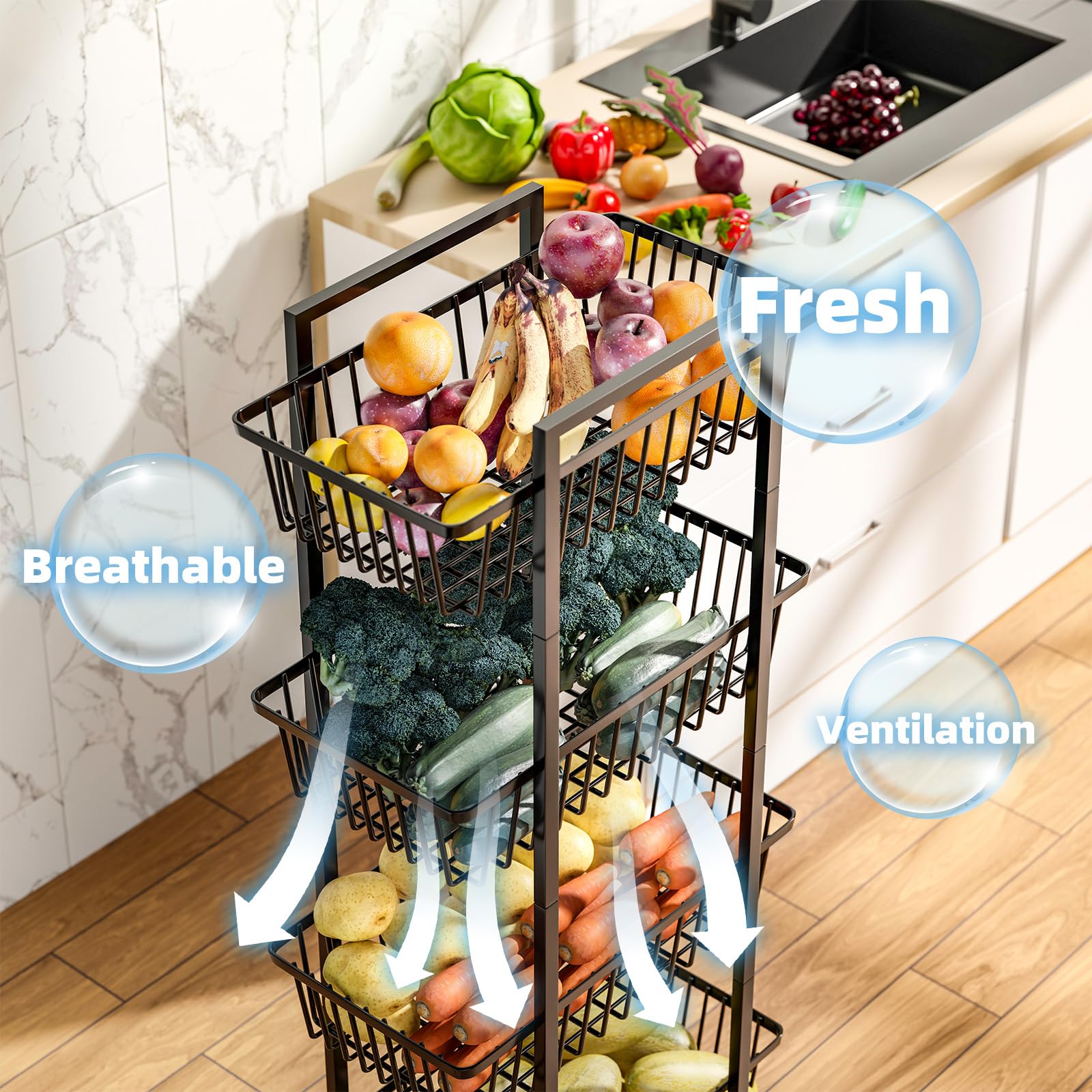Simple Trending 4-tier rolling basket side view shows organized pantry solution.