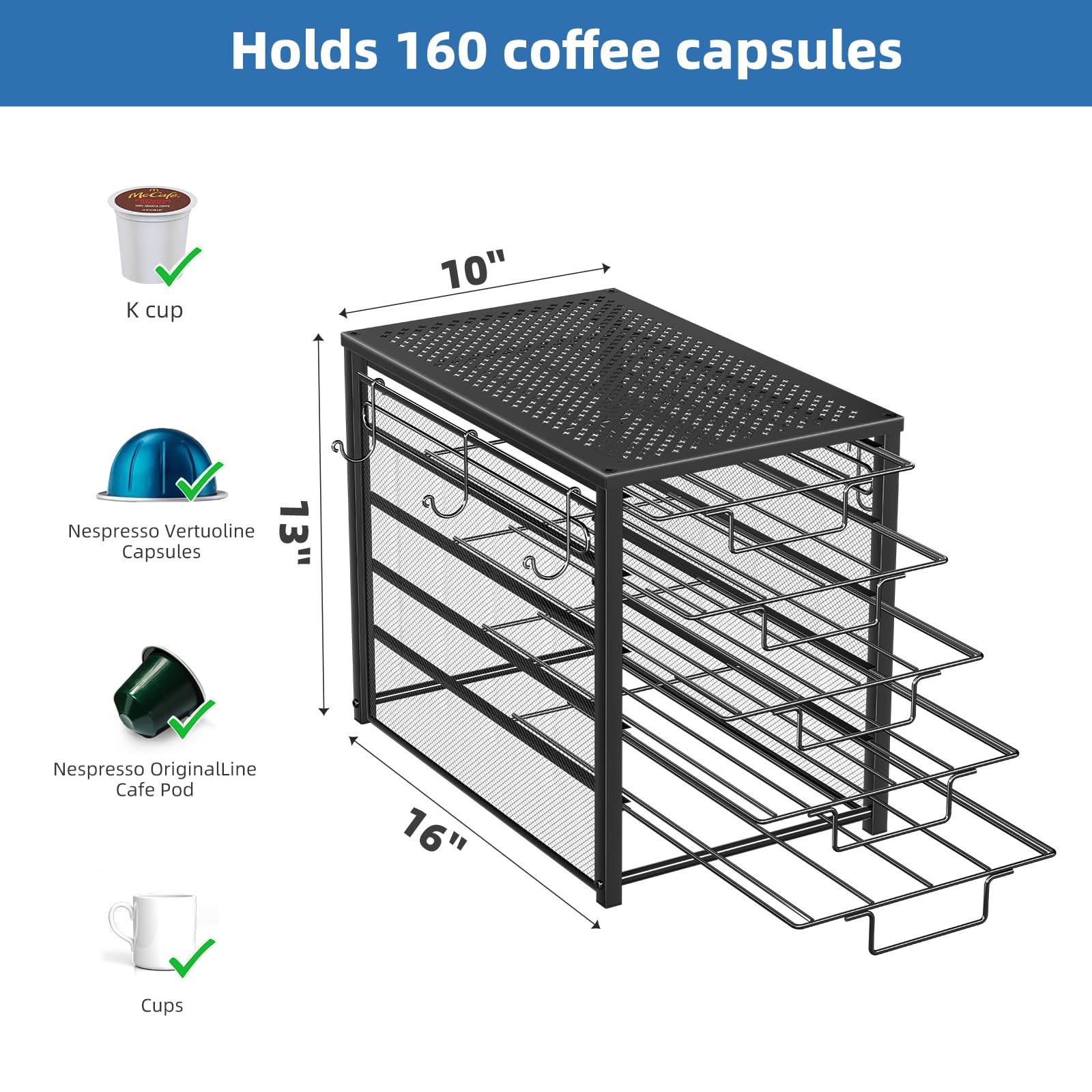 Simple Trending 5-tier pod holder with drawer open for easy access to coffee pods.