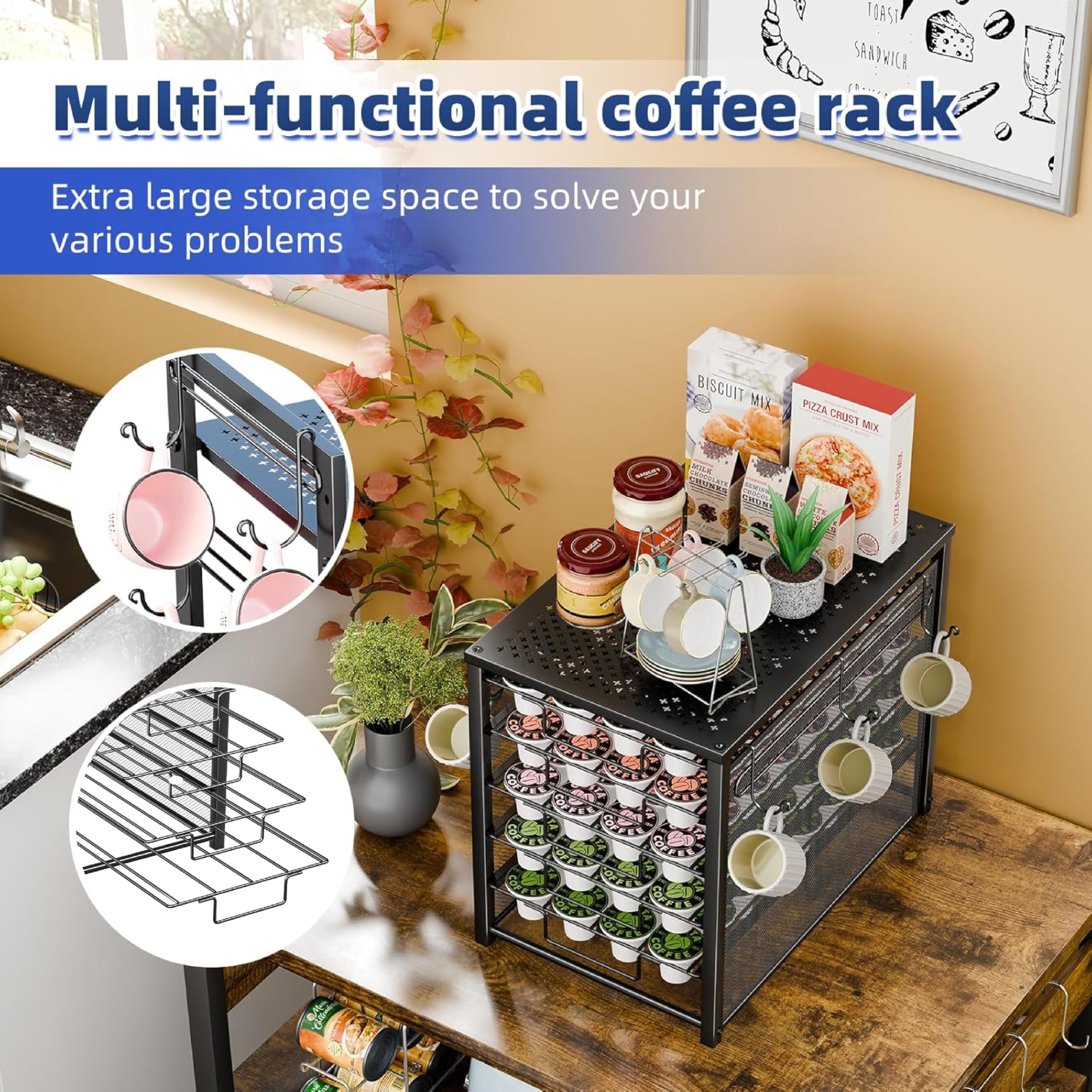 Simple Trending pod organizer side view with mug hooks for quick cup storage.