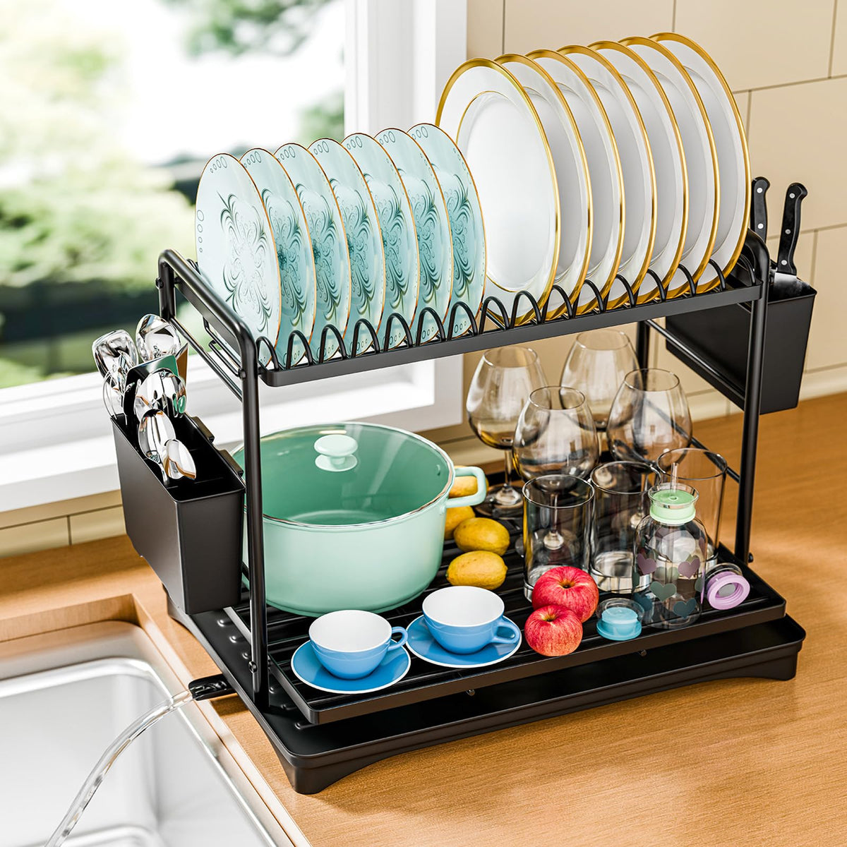 Simple Trending dish drying rack front view with two tiers for ample counter space.