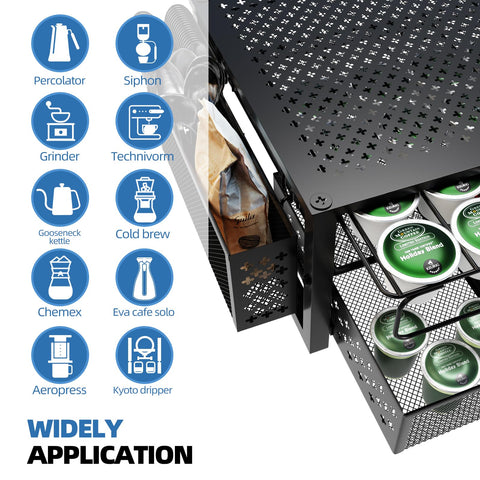 Sturdy metal frame of Simple Trending coffee pod holder supports a coffee maker