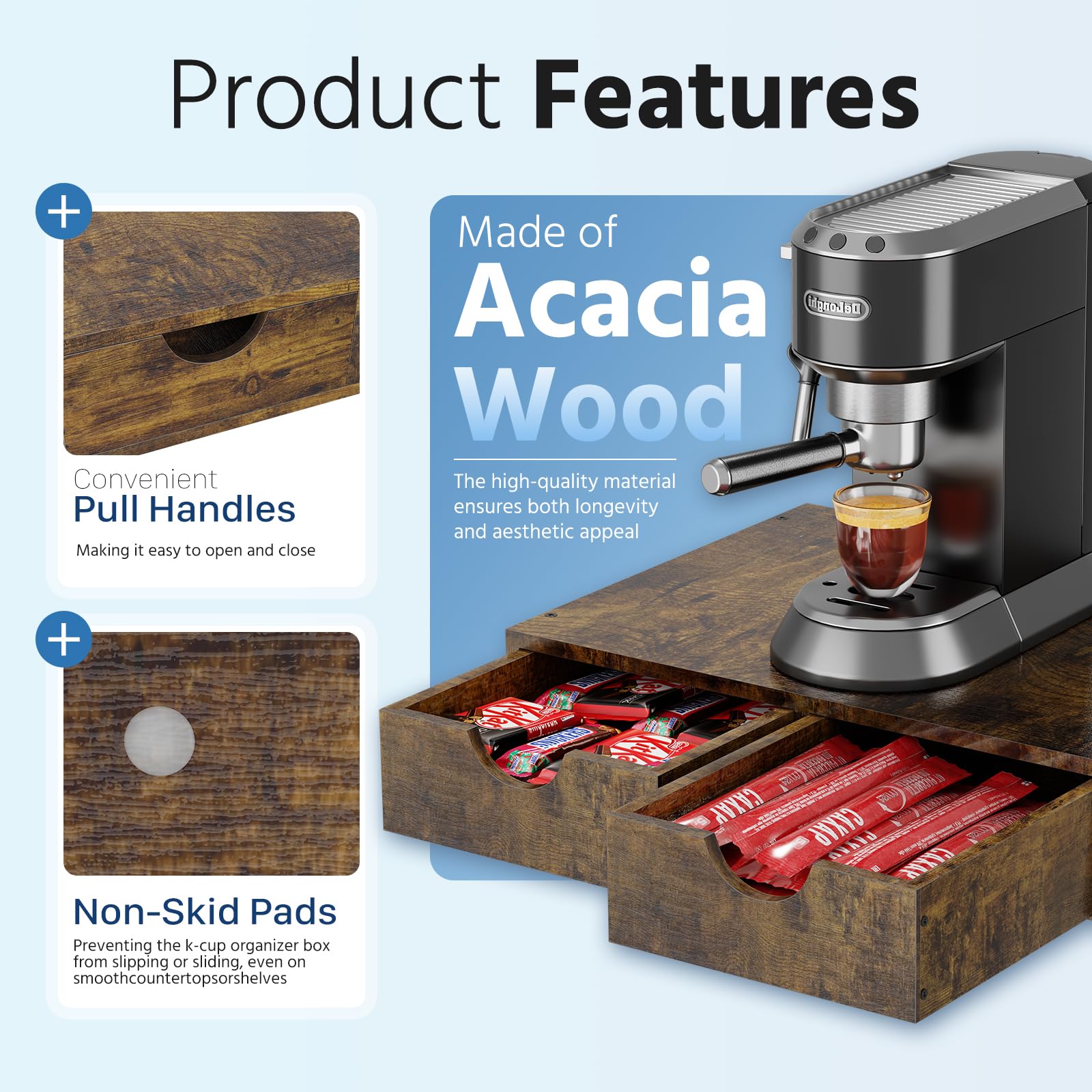 Simple Trending two-drawer design providing organized loading and retrieval of pods.