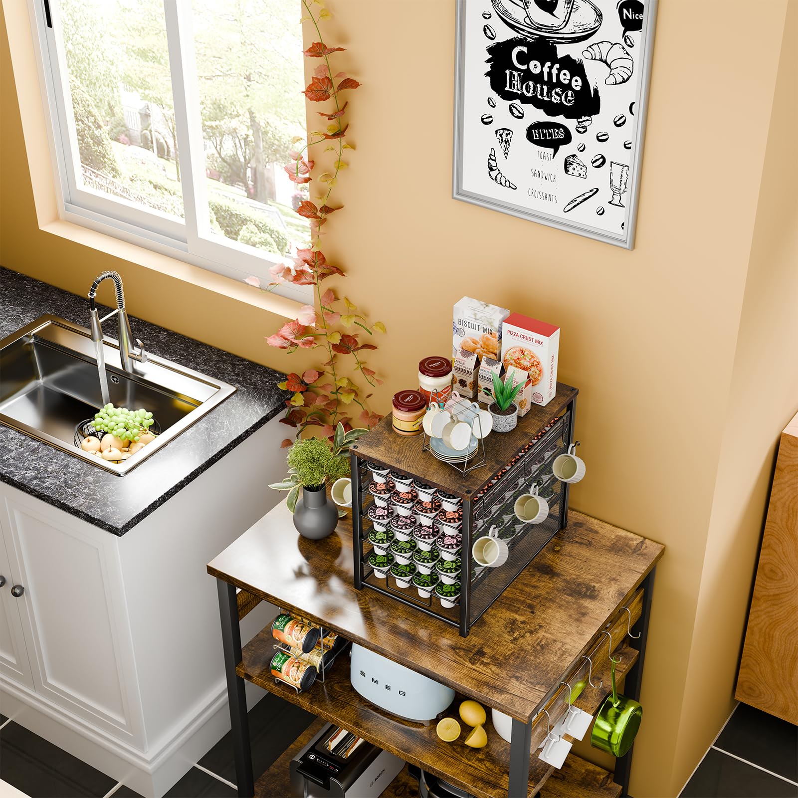 Simple Trending wooden pod rack with mug hooks side view for easy access