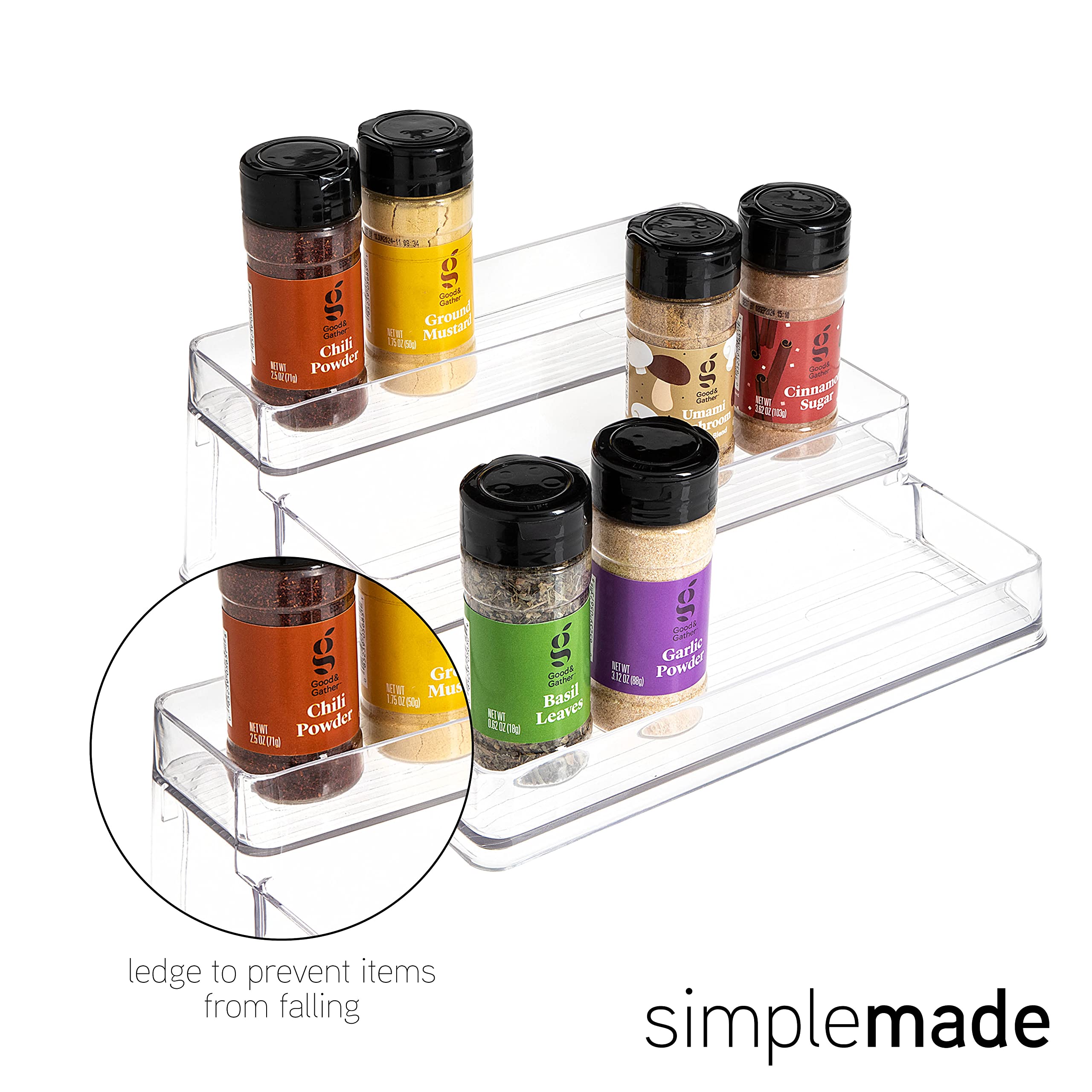 SIMPLEMADE 3-Tier Spice Rack side view showing compact storage for bottles.
