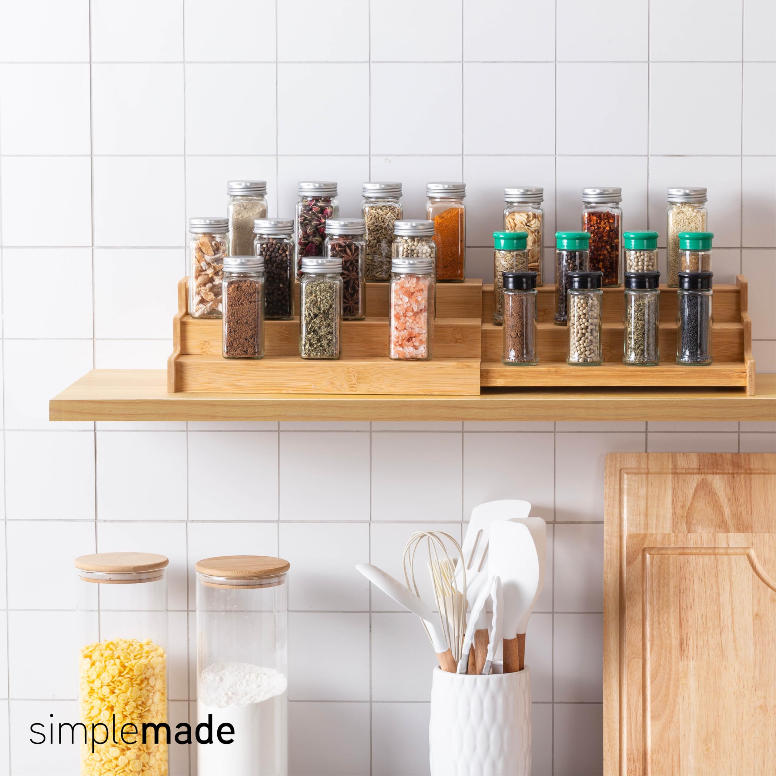 SIMPLEMADE bamboo rack in bathroom storing toiletries and cosmetics.