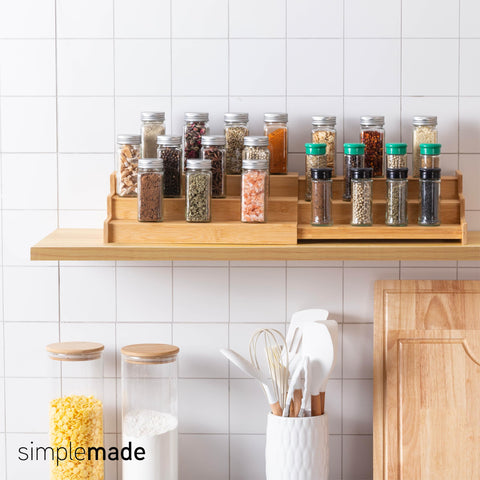 SIMPLEMADE bamboo rack in bathroom storing toiletries and cosmetics.