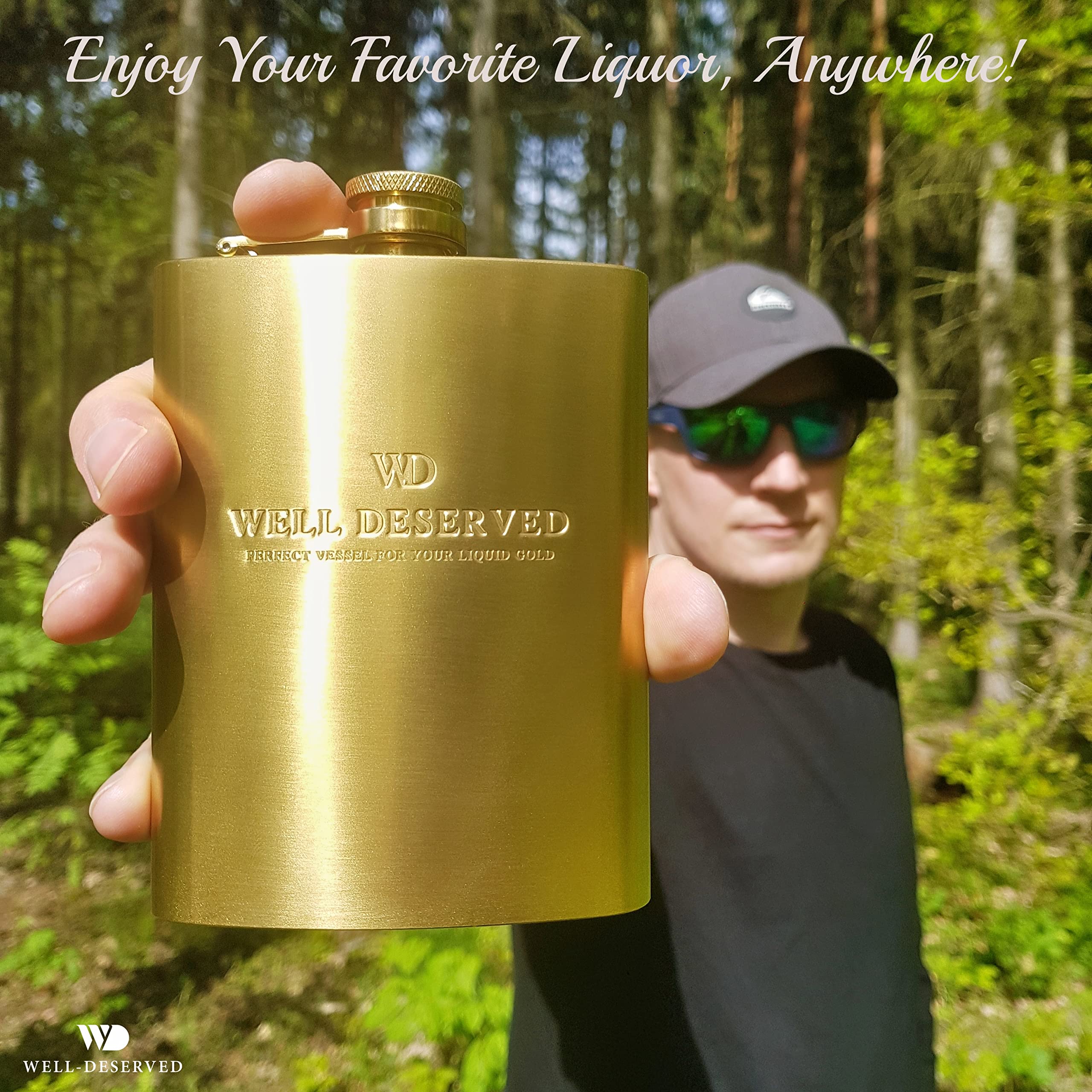 Simpler Life gold flask displayed with black satin packaging, ideal for gifting