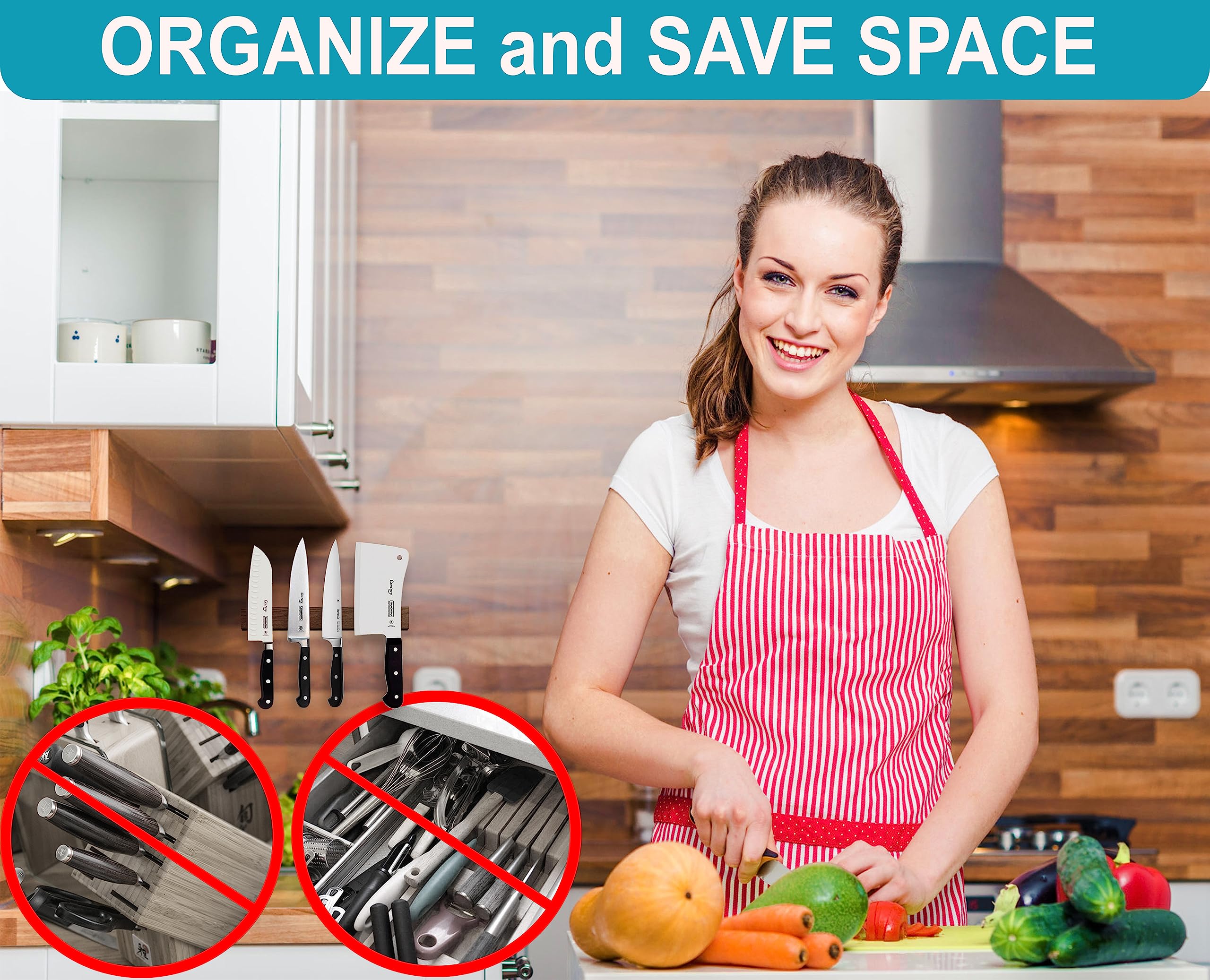 SimpleUsefulThings wall-mount knife rack with no drilling for easy setup.