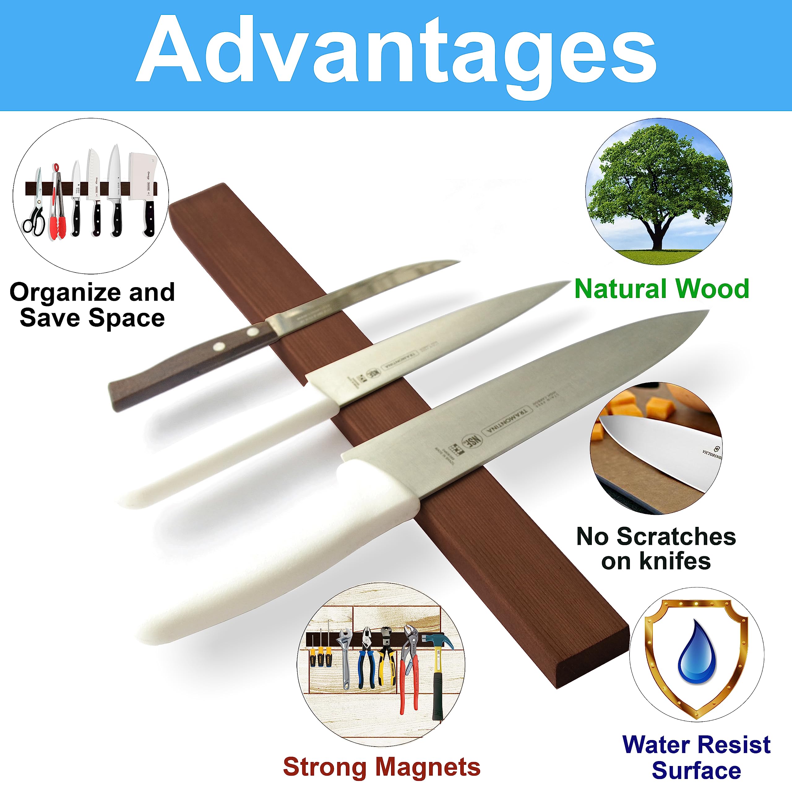 SimpleUsefulThings wooden magnetic knife strip back with strong magnets for secure storage.