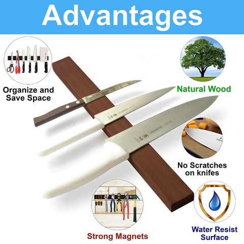 SimpleUsefulThings wooden magnetic knife strip back with strong magnets for secure storage.
