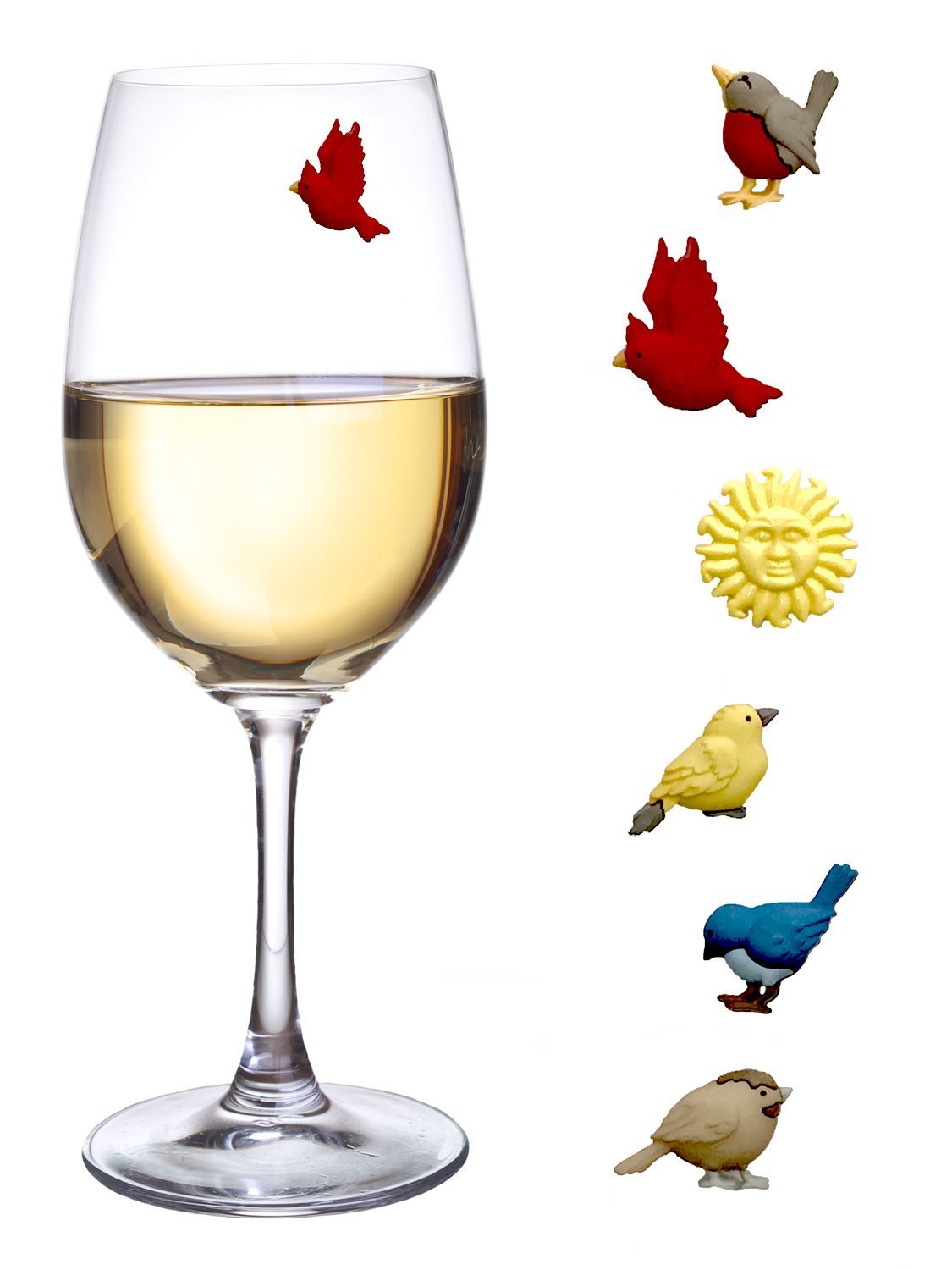 Simply Charmed Bird Wine Glass Charms on a table clearly identifying each glass