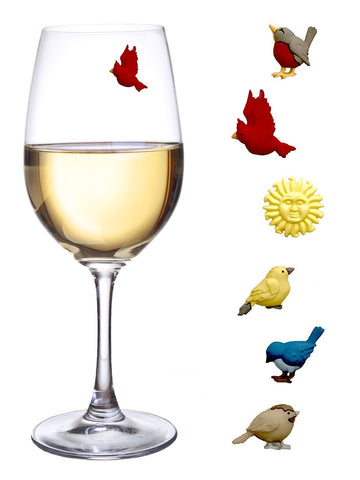 Simply Charmed Bird Wine Glass Charms on a table clearly identifying each glass