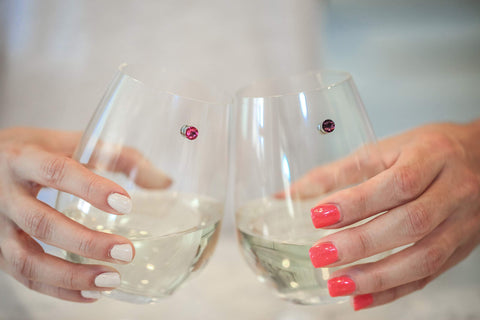 Simply Charmed glass marker magnetic wine charms on stemless glasses help distinguish drinks.