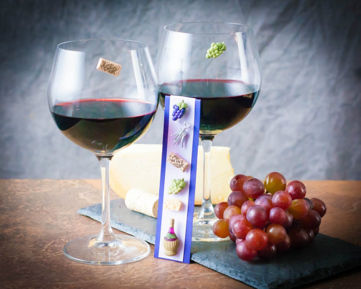 Simply Charmed magnet charms on a stemless glass for easy labeling