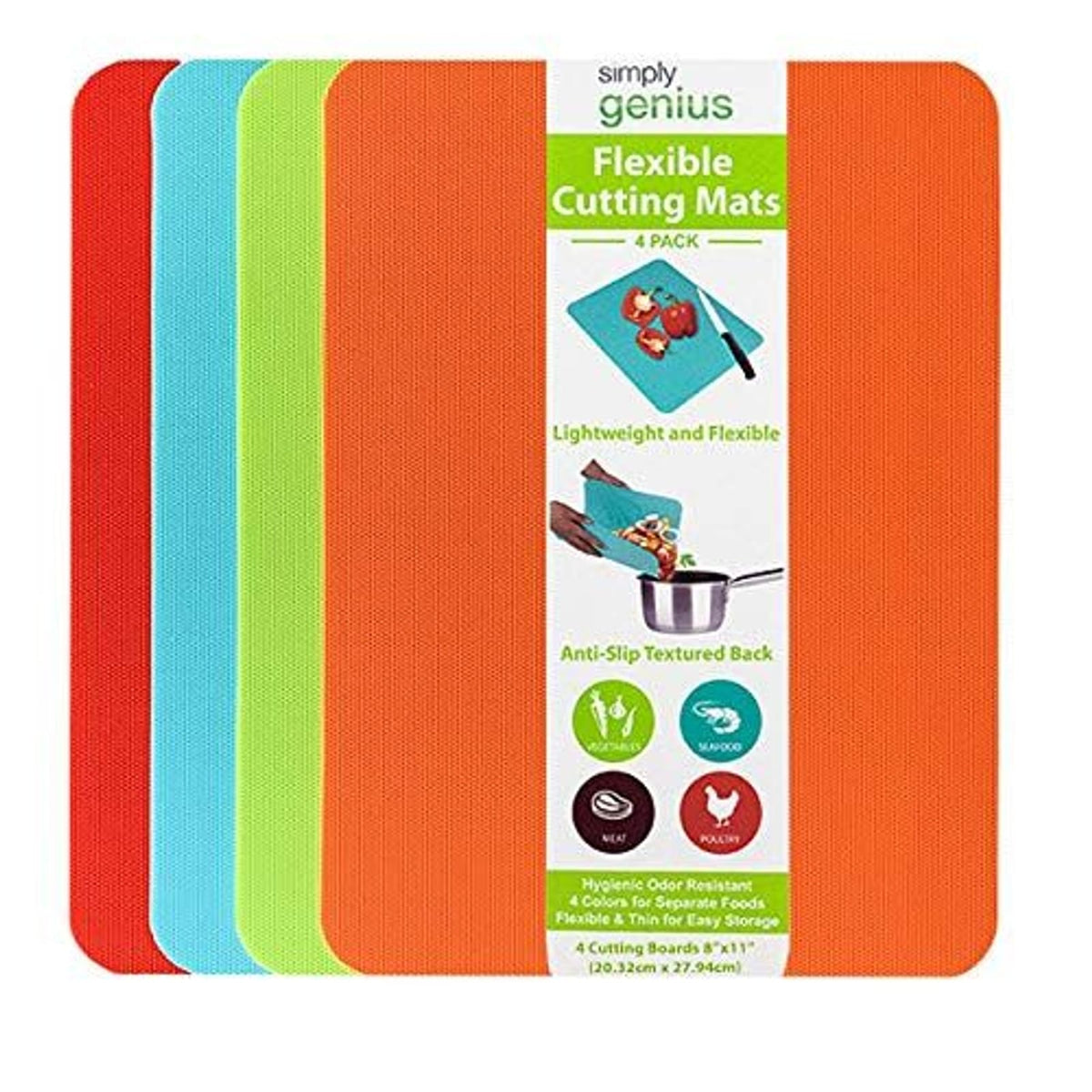 Simply Genius multicolor cutting boards 4-pack shown for organized prep.