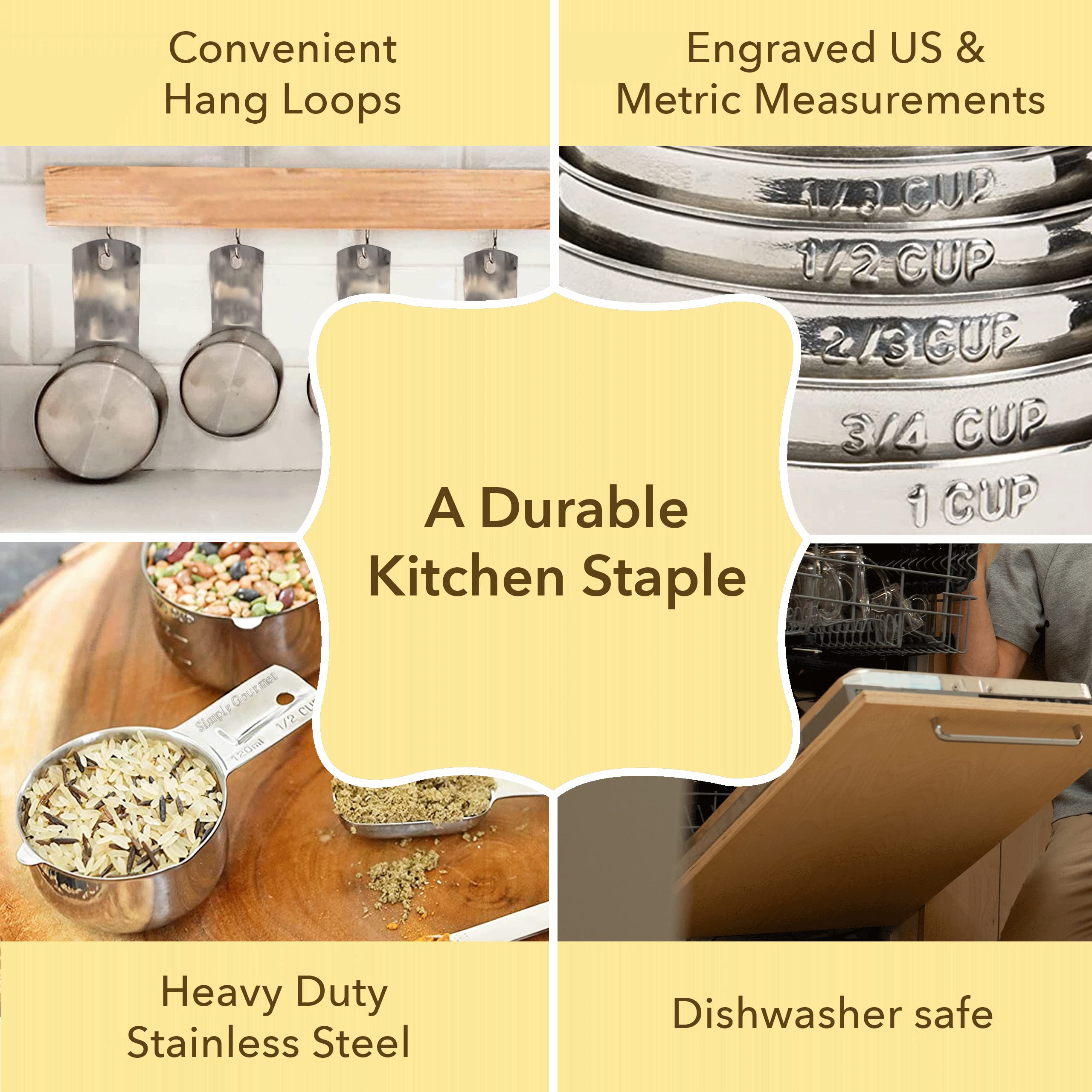 Flat-base measuring cups from Simply Gourmet stay stable on counters during measuring.