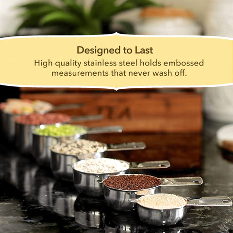 Simply Gourmet measuring cups with engraved US and metric marks for precise measuring.