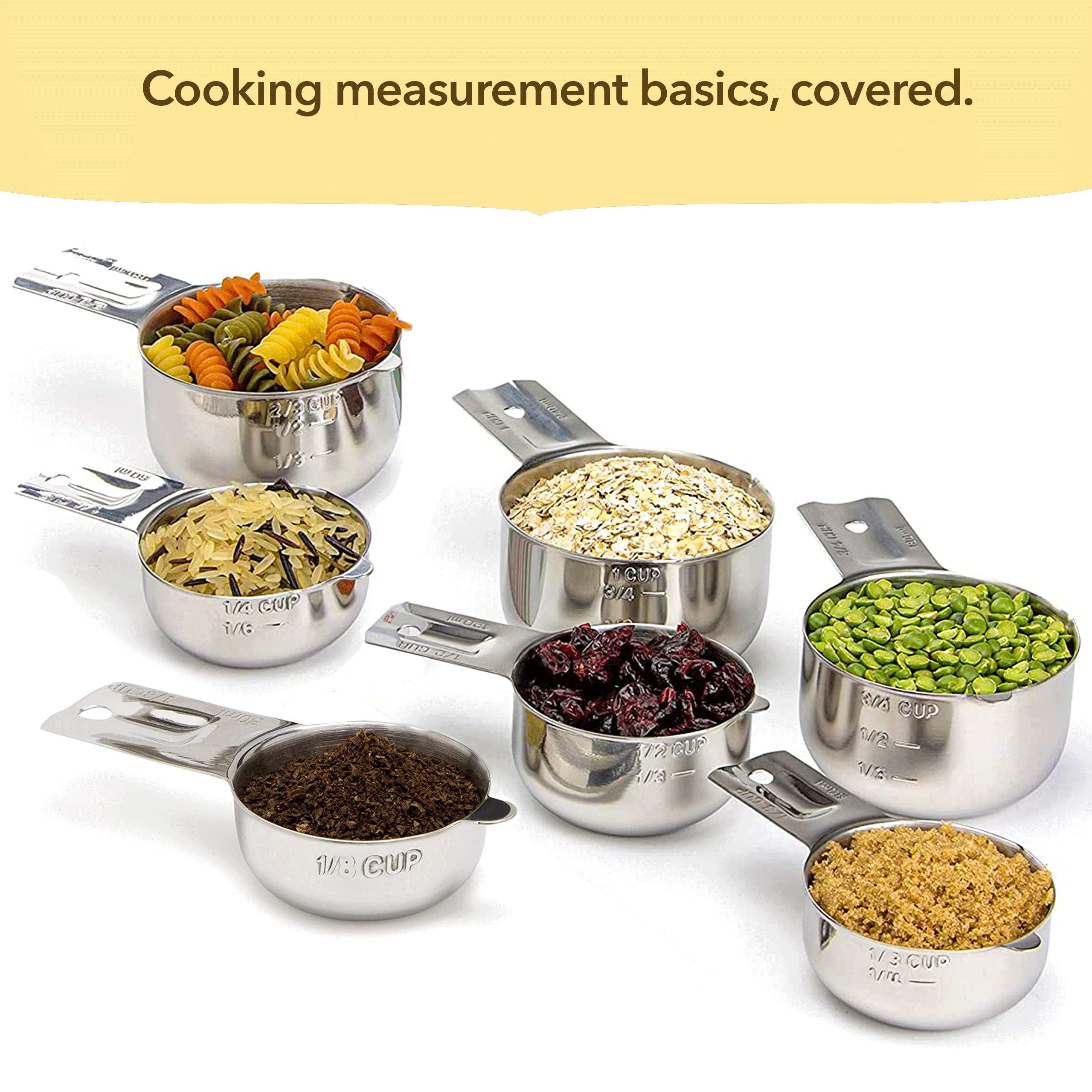 Simply Gourmet measuring cups cover common sizes from 1/8 to 1 cup for versatility.