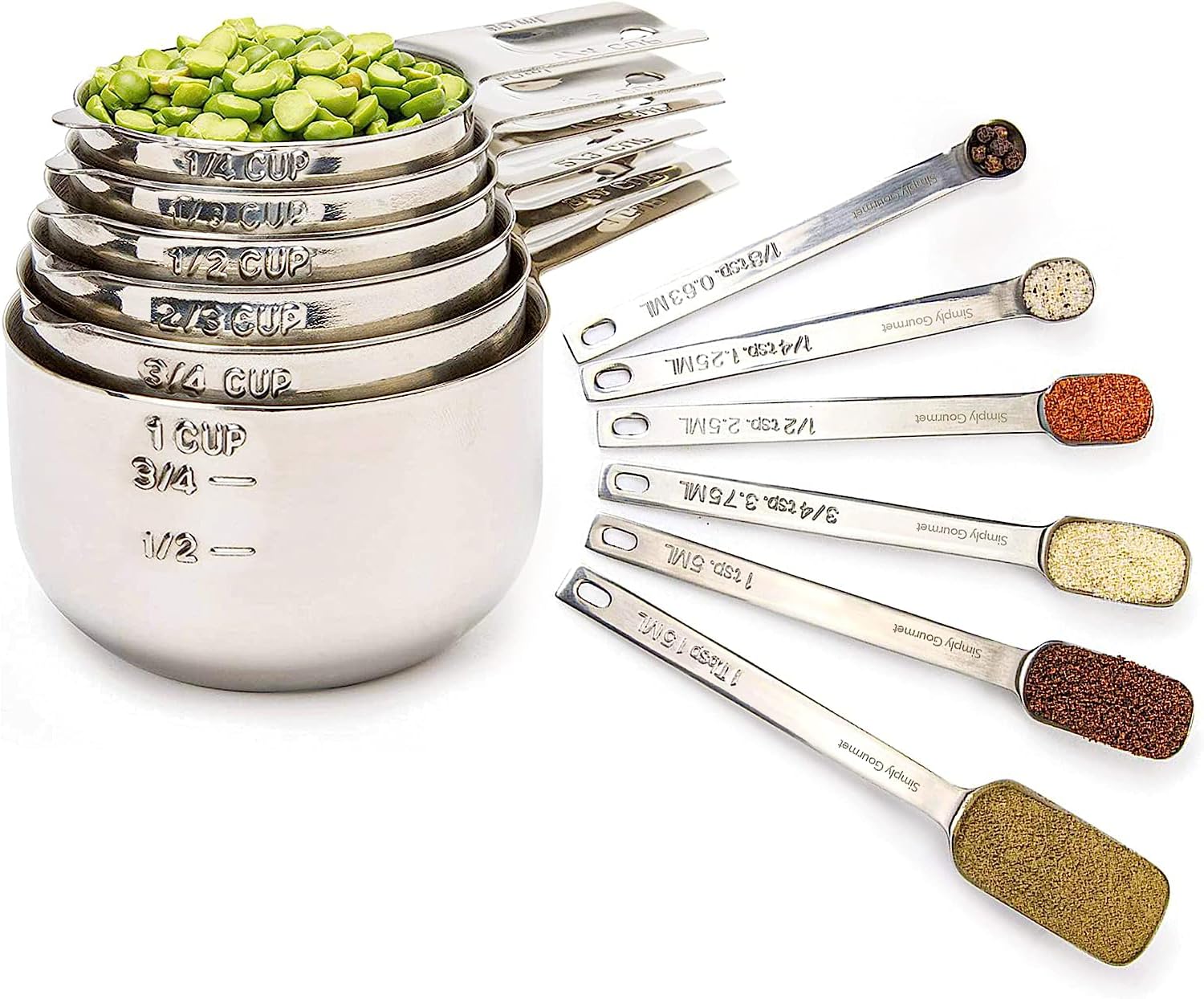 Simply Gourmet measuring cups and spoons in stainless steel offer precise dry and liquid measurements.