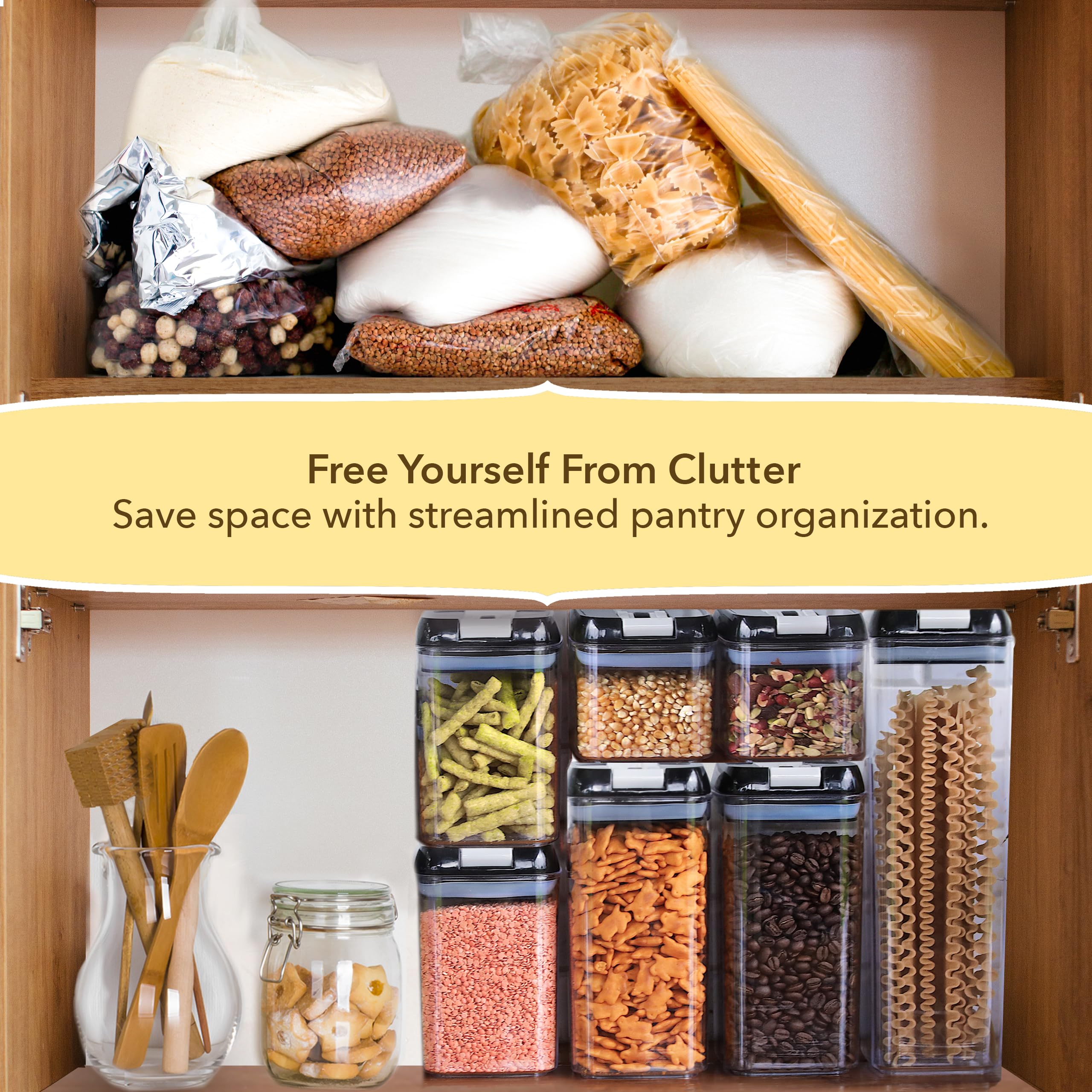 Simply Gourmet slim stackable containers on a shelf maximize pantry space