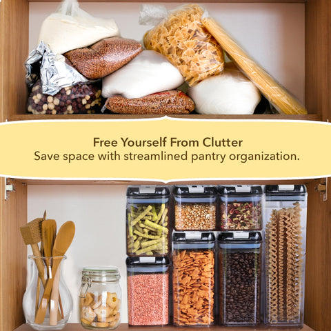 Simply Gourmet slim stackable containers on a shelf maximize pantry space
