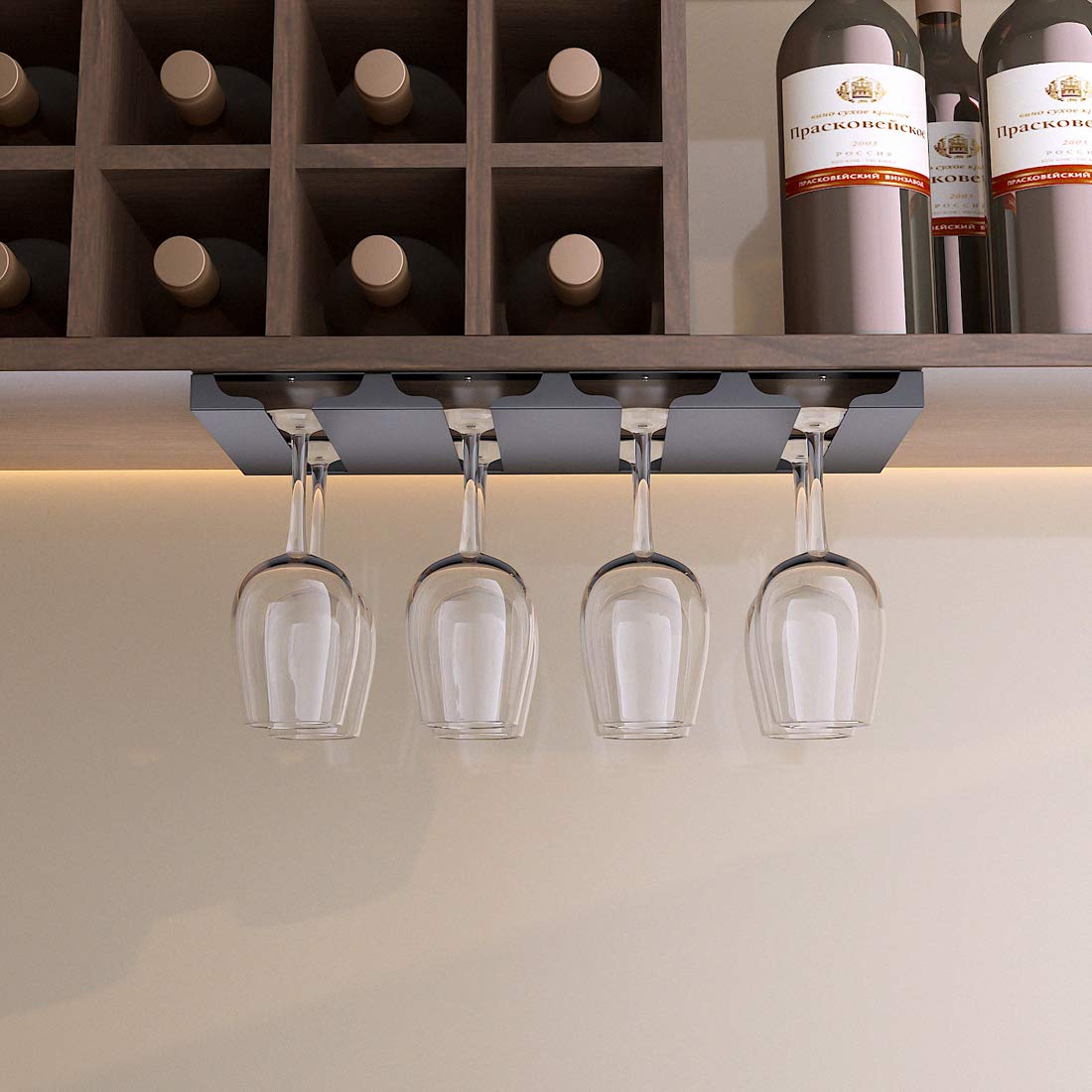 SIMVE 4-row stemware rack fits under cabinet for easy access and drying.