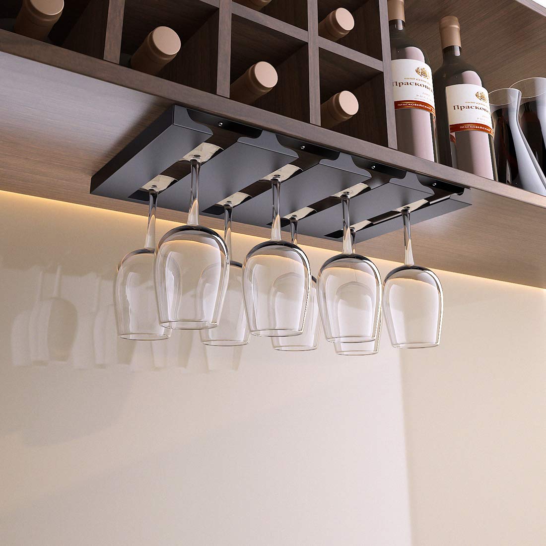SIMVE stainless steel wine rack in matte black finish for durable storage.
