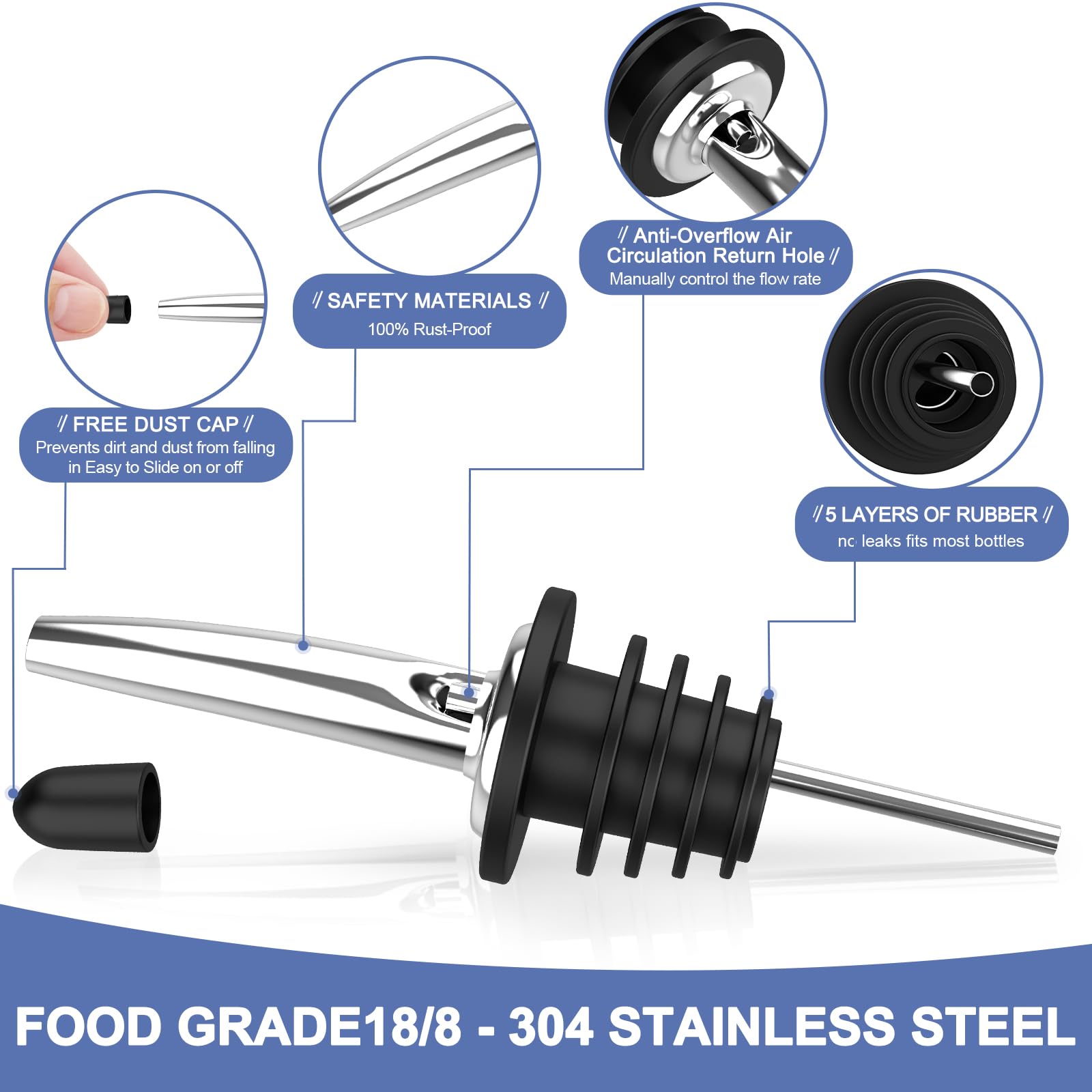 SINLUCESCE tapered pour spouts provide controlled pours with minimal drips