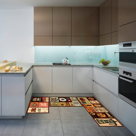 Sinmoe coffee style small kitchen mats showing two-piece set detail.