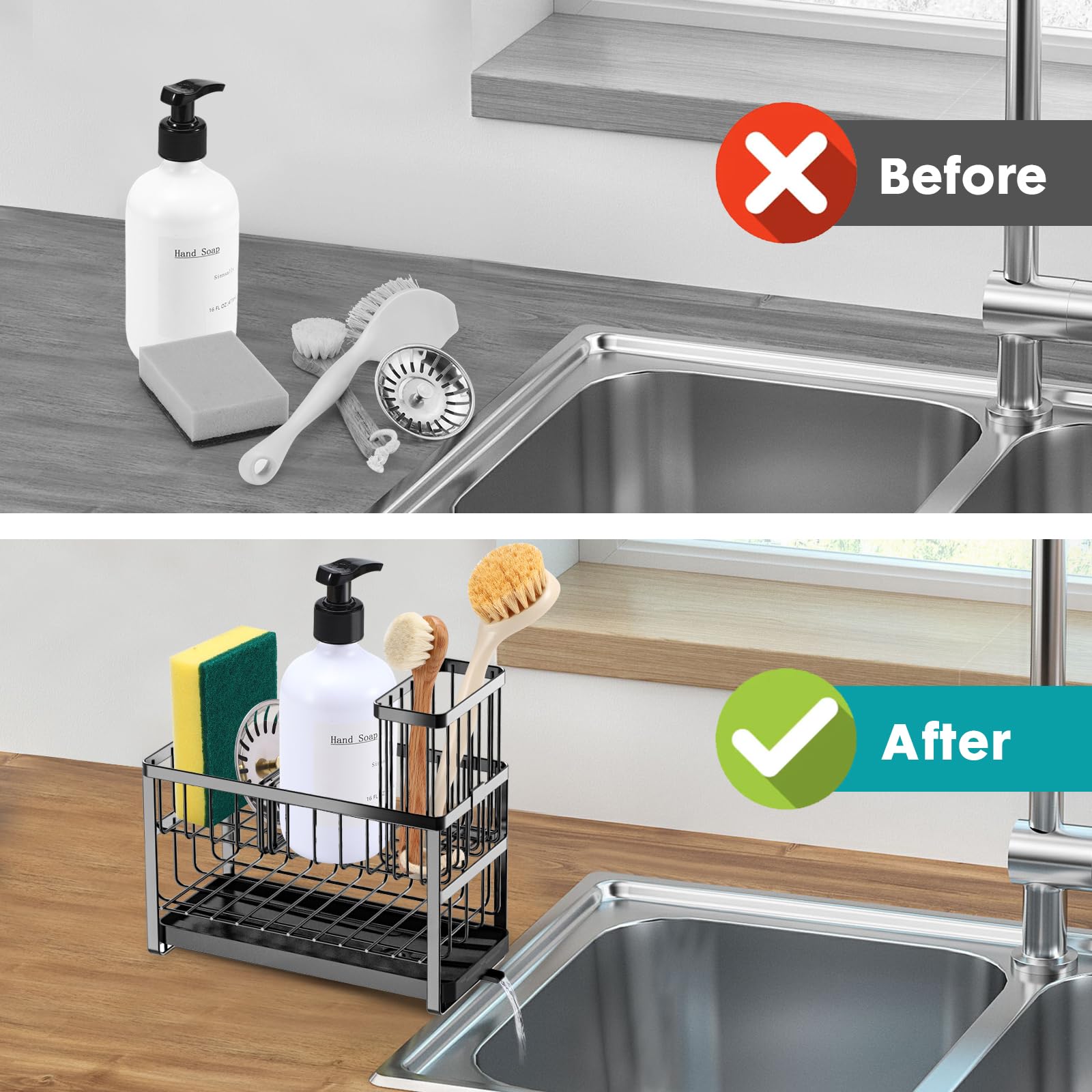 Sinnsally black sink caddy adds sleek, compact organization.