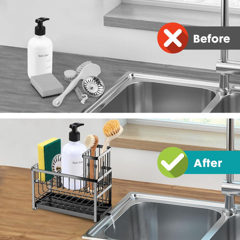 Sinnsally black sink caddy adds sleek, compact organization.
