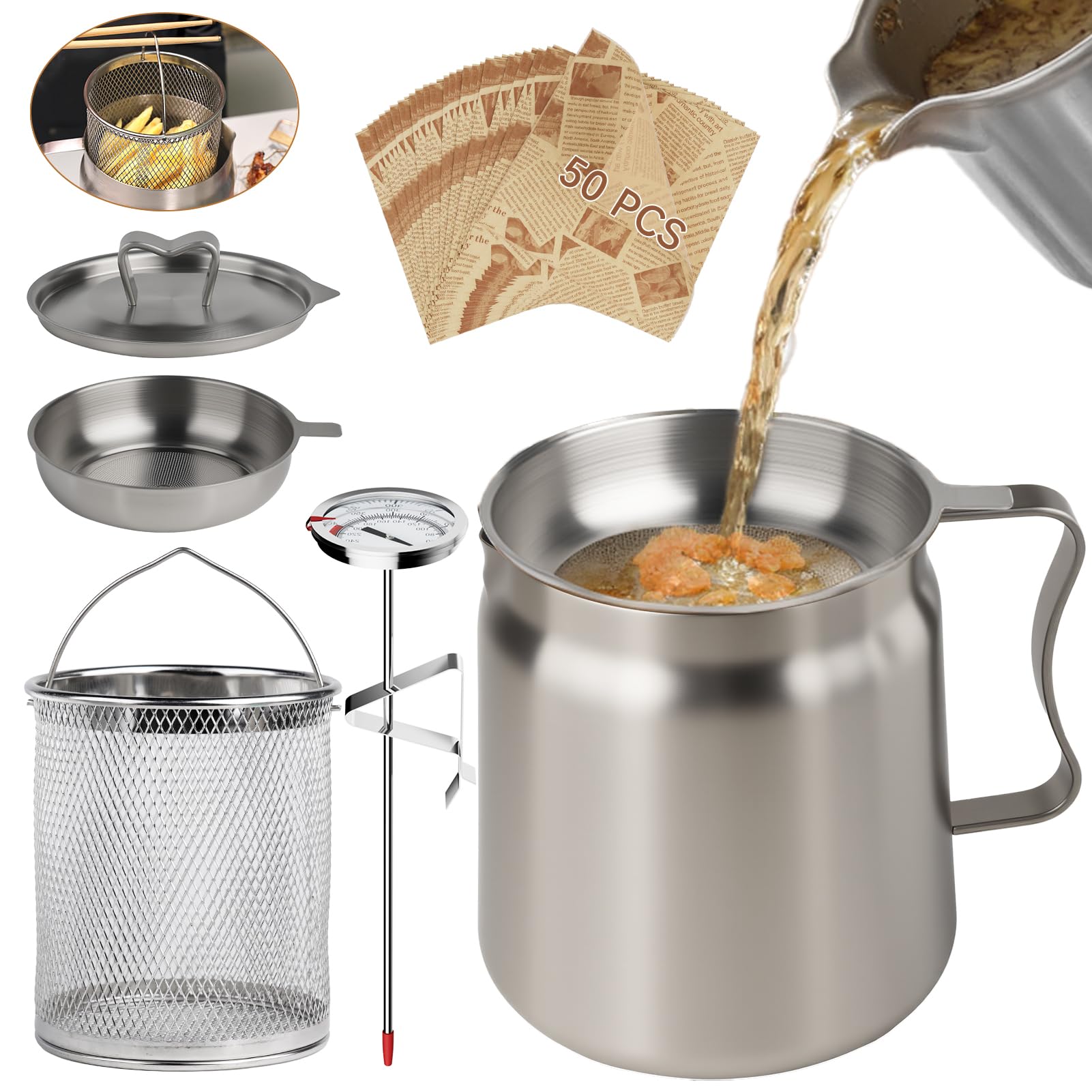 SINYWAY 2L oil filter pot with strainer for clearer oil and easier reuse.