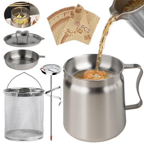 SINYWAY 2L oil filter pot with strainer for clearer oil and easier reuse.
