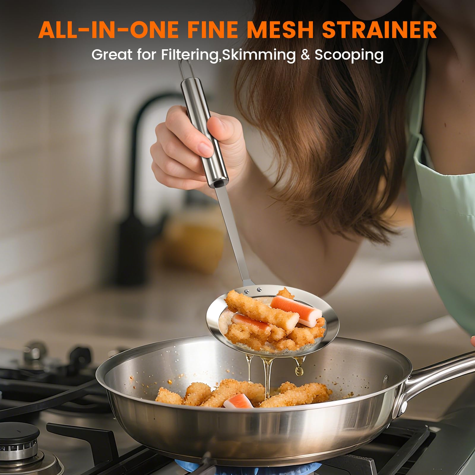SIONLANG 3-inch bowl skimmer ideal for small batches and precise straining.