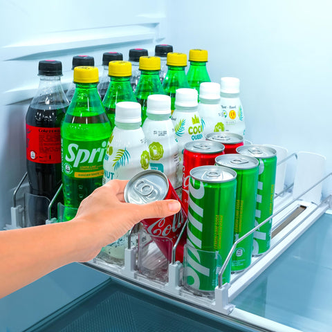 Sip Sort upgraded drink organizer front view saves space in a cluttered fridge.