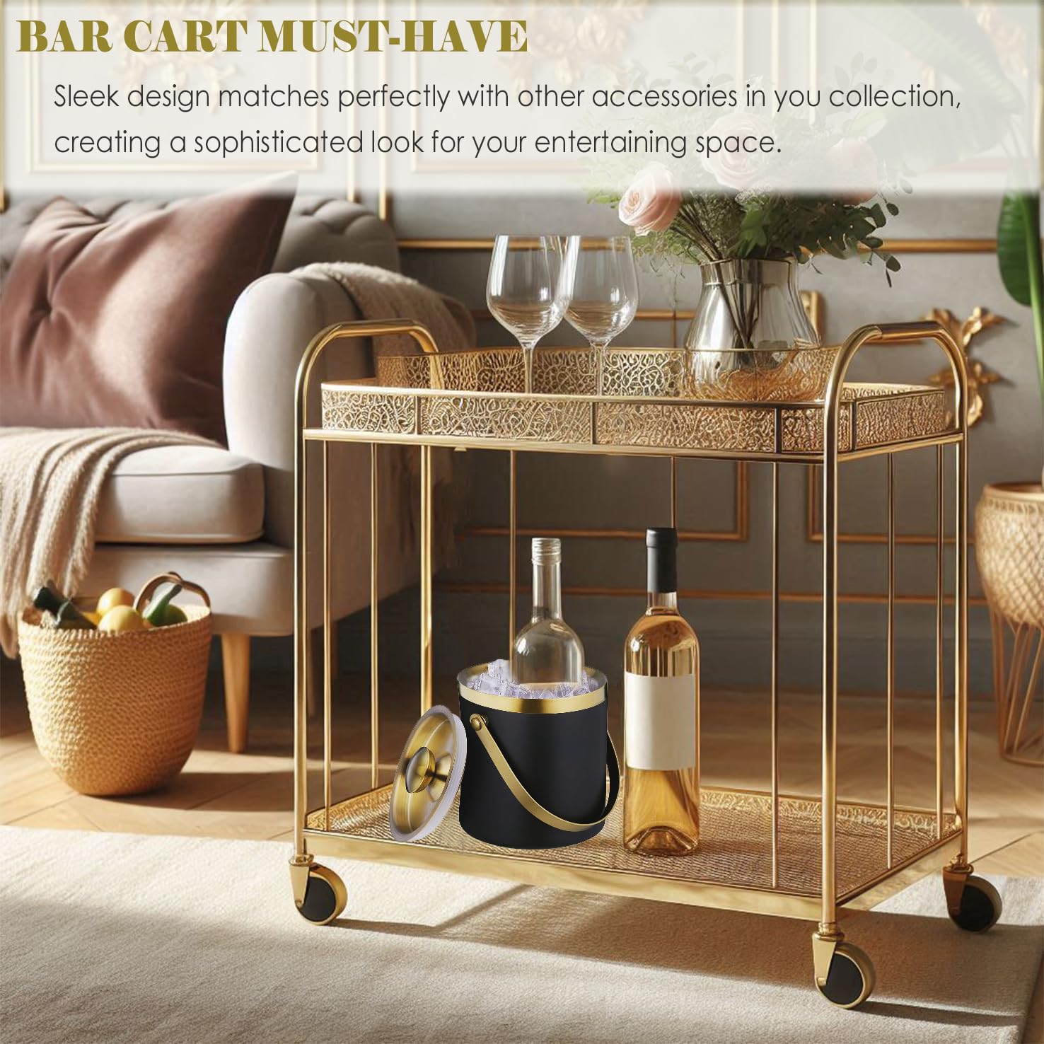 Sipoyen gold and black bar cart ice bucket adds elegance to any setup.