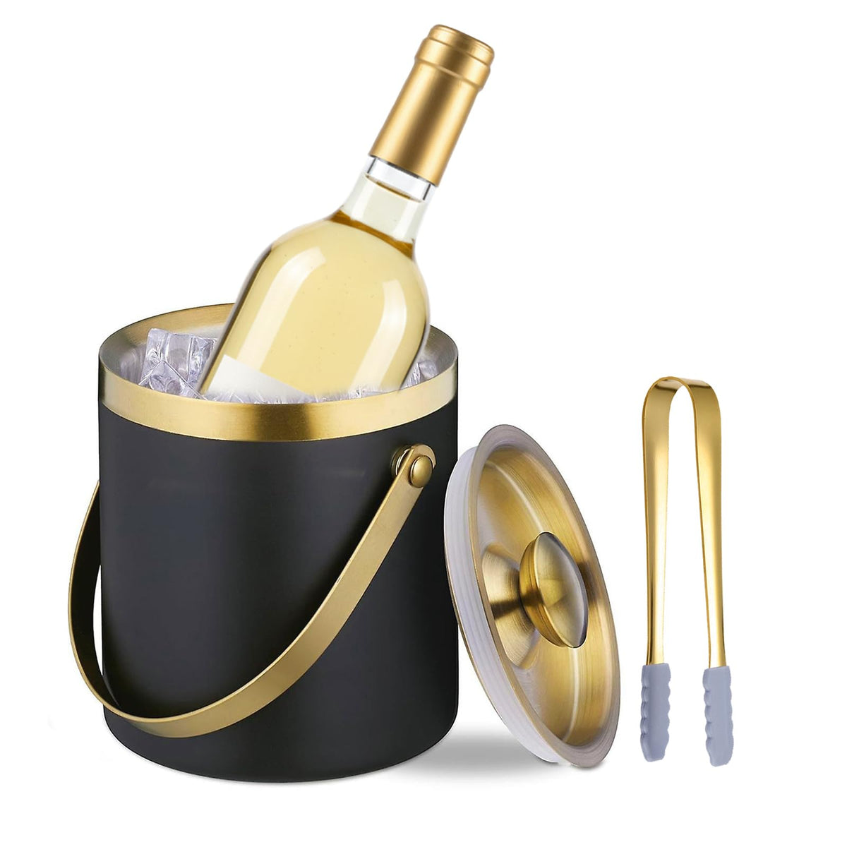 Sipoyen ice bucket with lid, handle and tong for easy ice service at parties.
