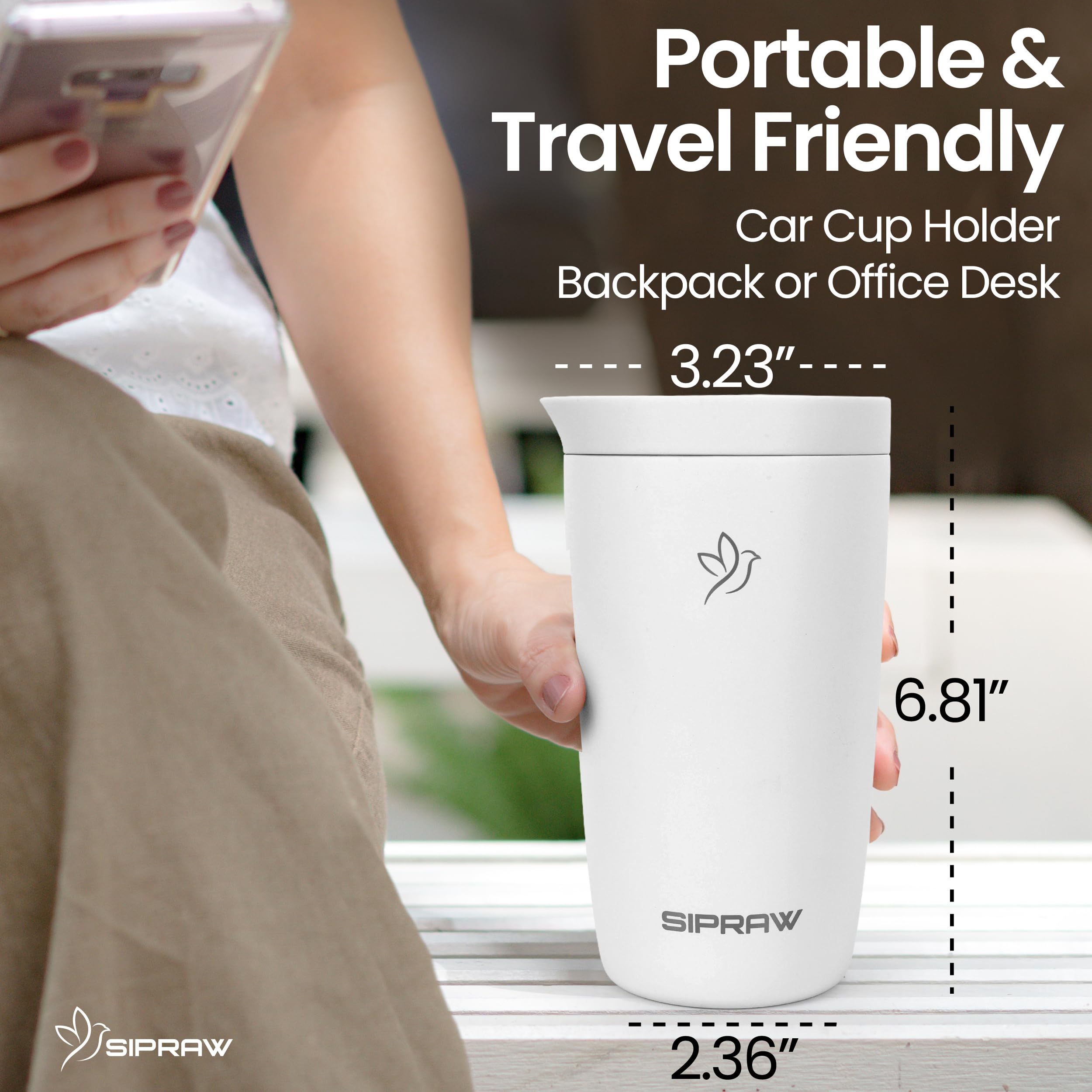 Sipraw Travel Mug 12oz compact design fits bags and backpacks.