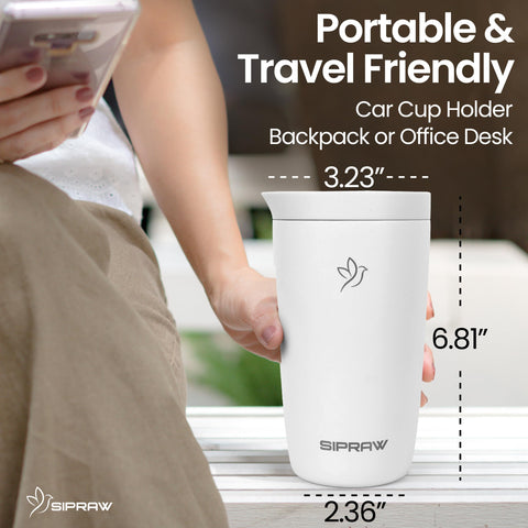 Sipraw Travel Mug 12oz compact design fits bags and backpacks.