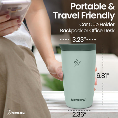 Sipraw travel mug 12oz pastel green daily-use design for easy handling.
