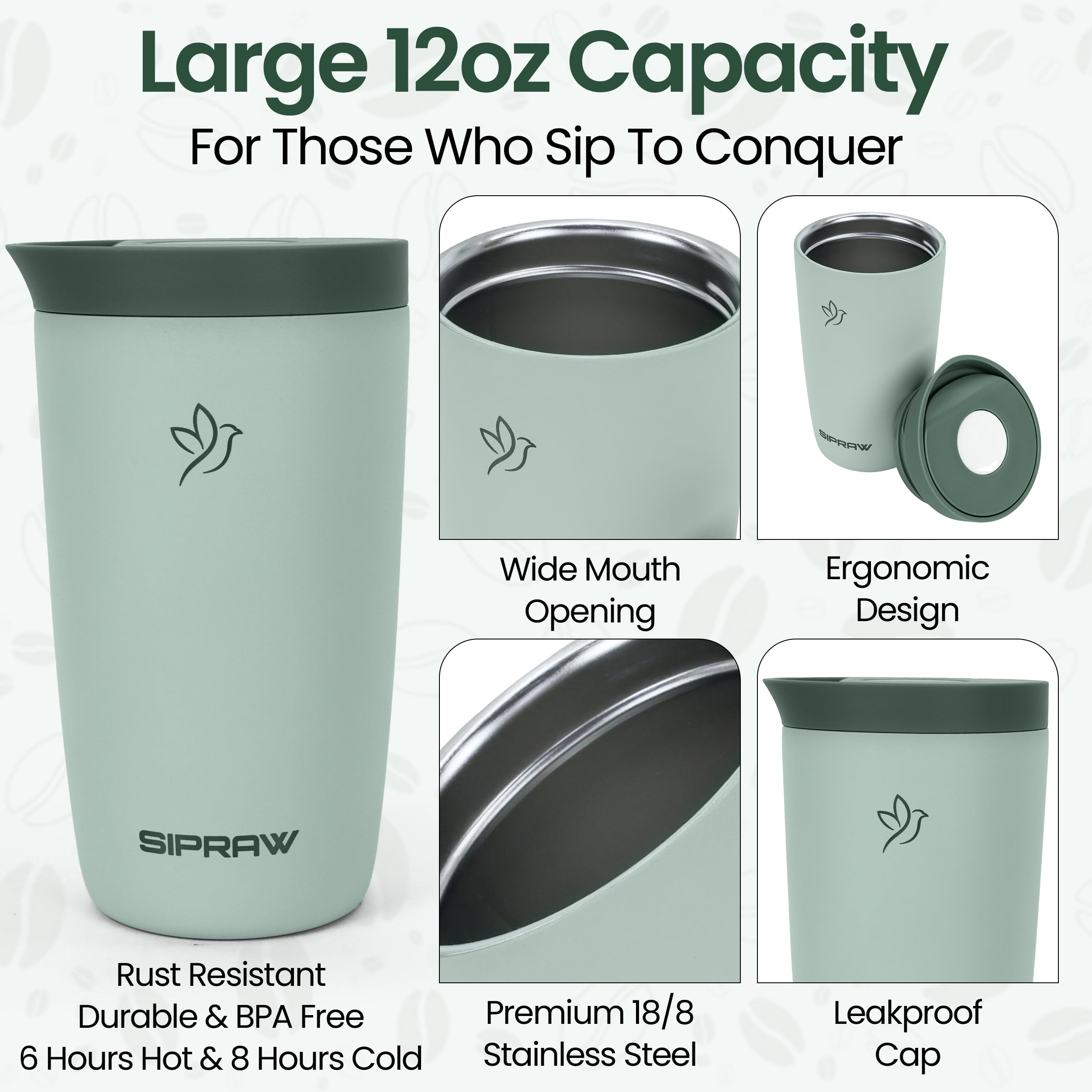 Sipraw travel mug 12oz pastel green BPA-free lid for safe daily use.