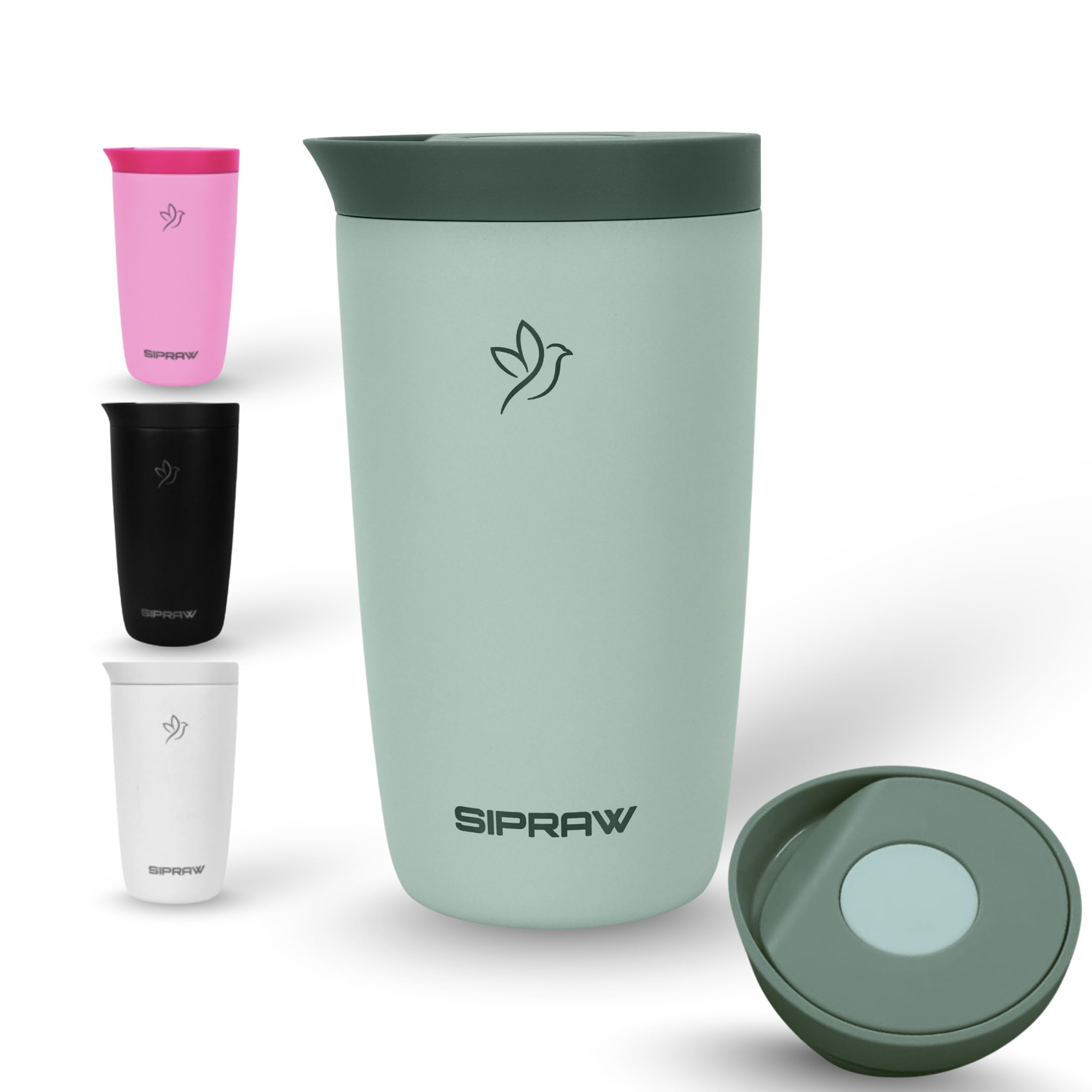 Sipraw travel mug 12oz pastel green front view for on-the-go coffee.