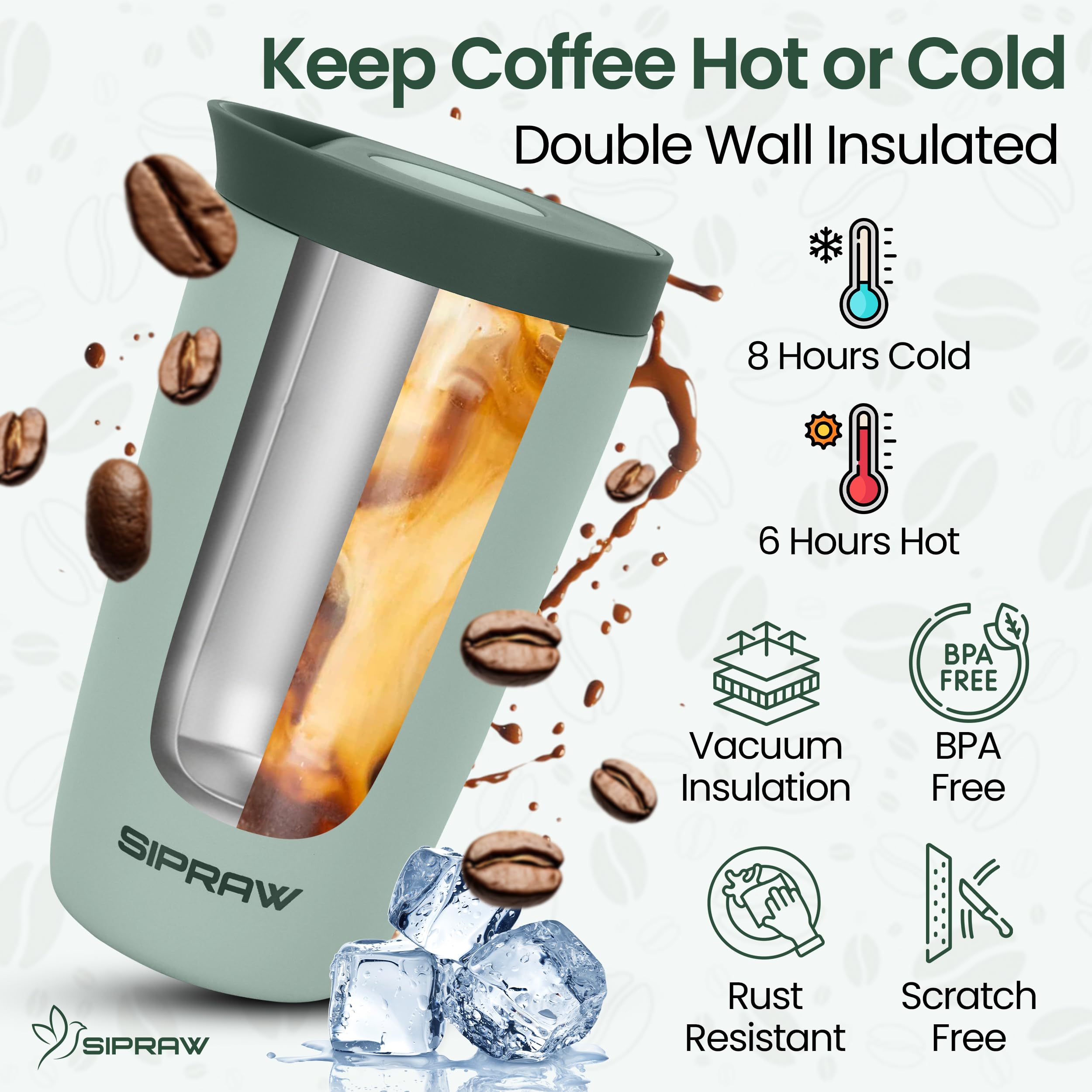 Sipraw travel mug 12oz pastel green fits most car cup holders during travel.