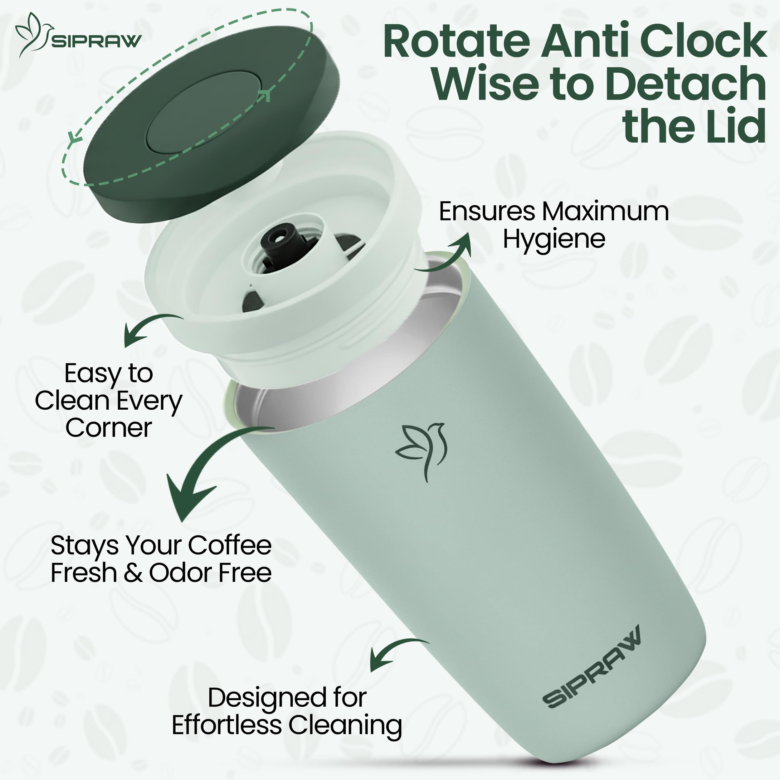 Sipraw travel mug 12oz pastel green lid locked for secure sipping.