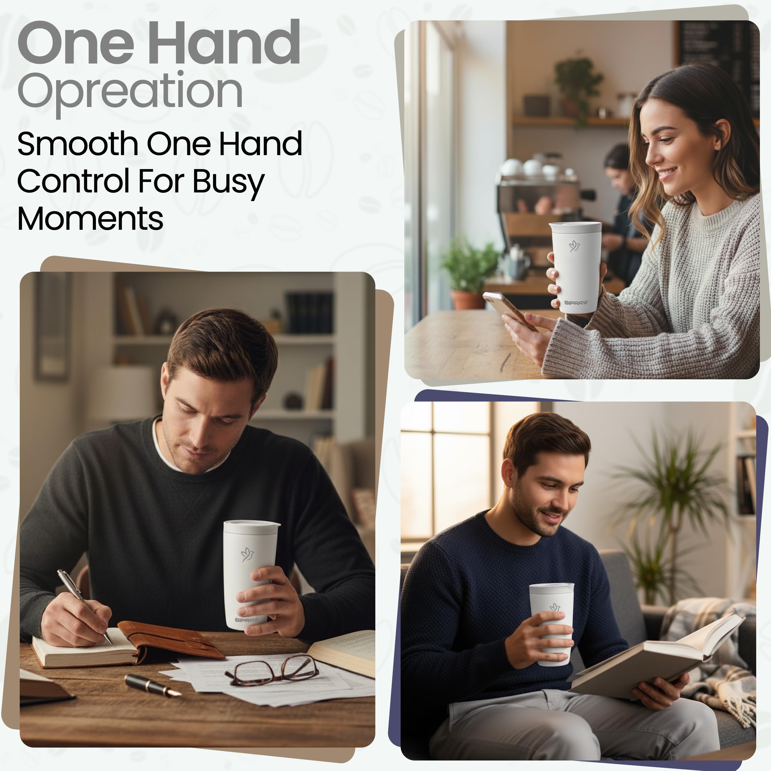 Sipraw Travel Mug ergonomic grip handle enhances comfortable sip on the go.