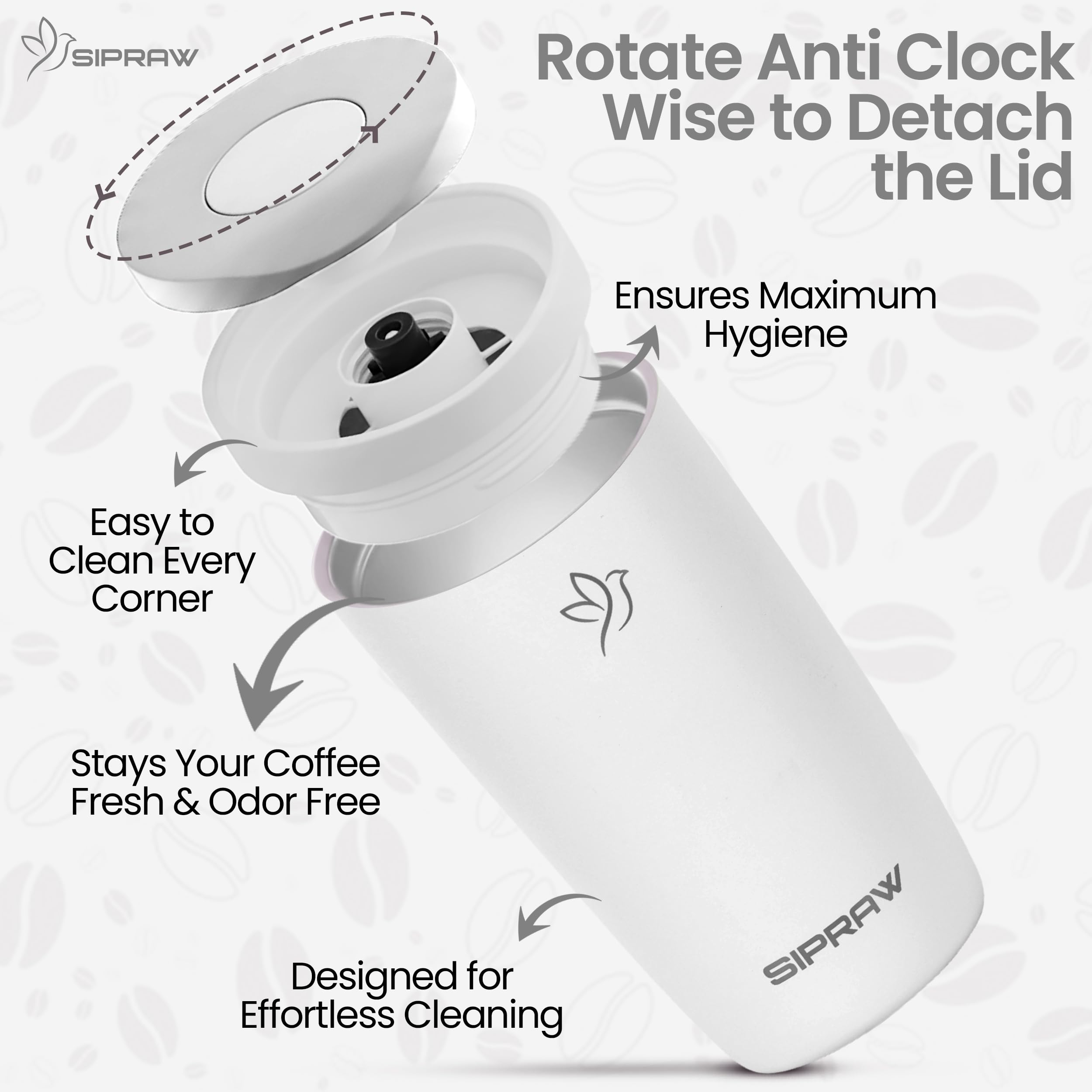 Sipraw Travel Mug lockable lid demonstrates leak-proof sipping and mess-free travel.