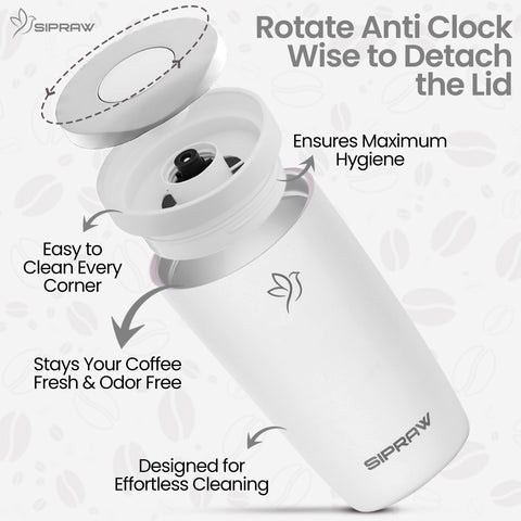 Sipraw Travel Mug lockable lid demonstrates leak-proof sipping and mess-free travel.