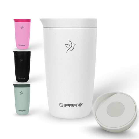 Sipraw Travel Mug outer shell in white smoke, stylish and portable for on-the-go coffee.